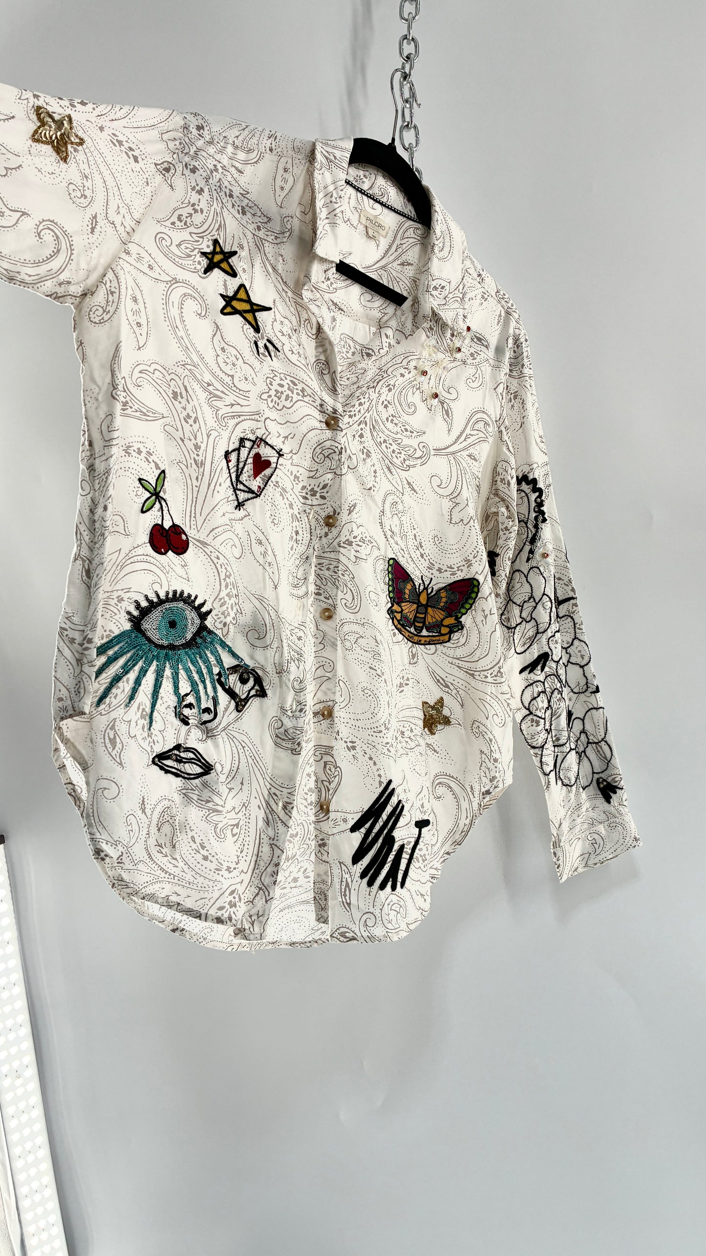PILCRO Anthropologie Embroidered Appliqué Button Up (Small)