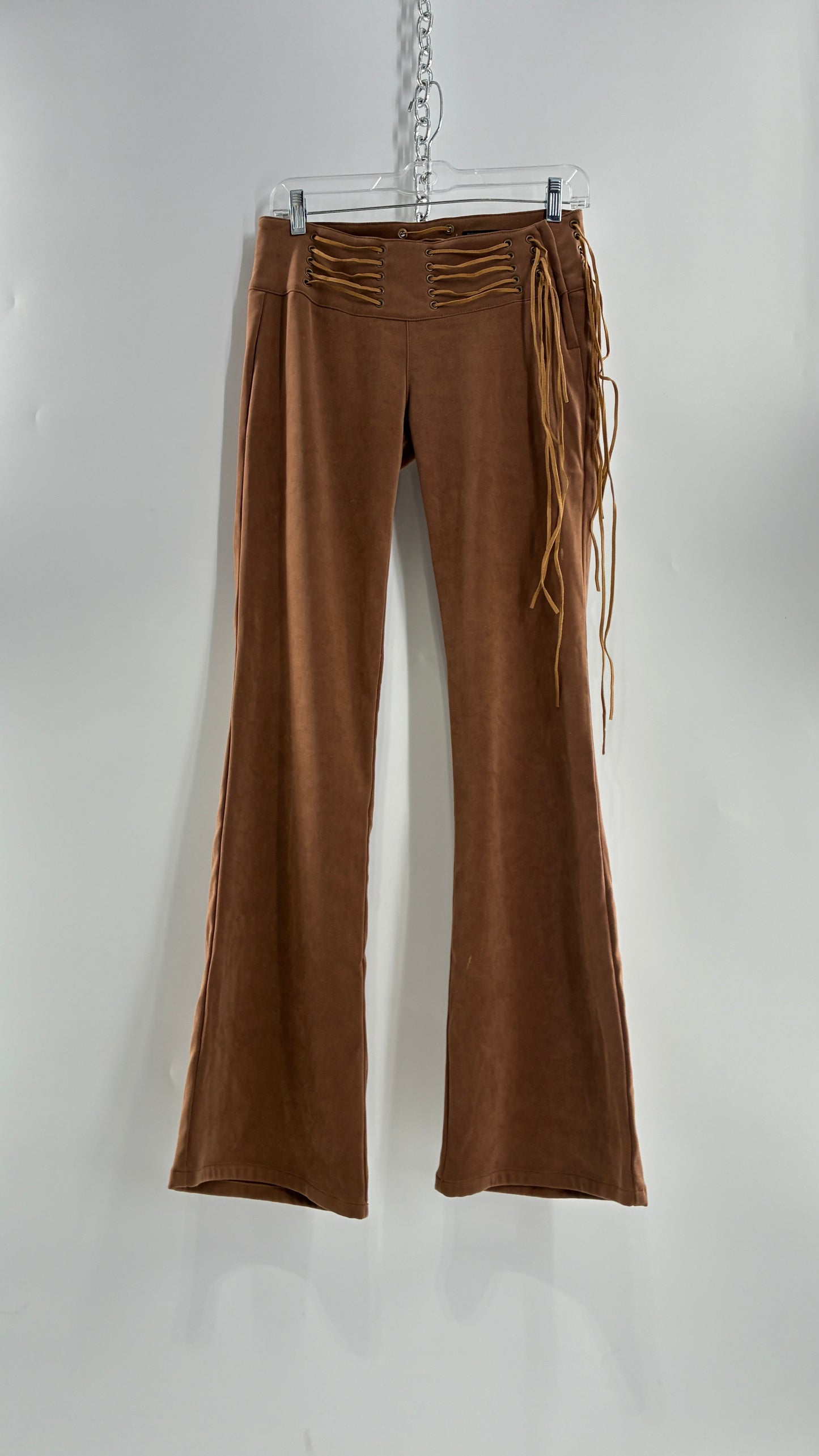 Vintage Rare L.E.I Low Rise Faux Suede Kick Flares with Wide, Thread Through Tassels Hip Band (5)