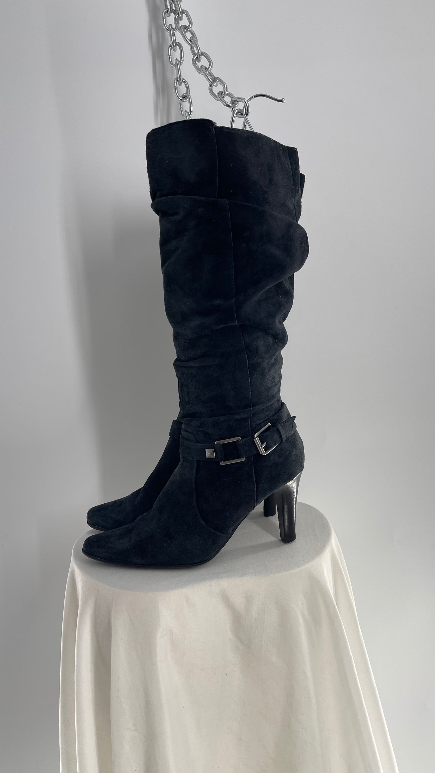 Vintage White Mountain Black Stacked Knee High Heel Boots with Ankle Stud and Buckle (7.5)