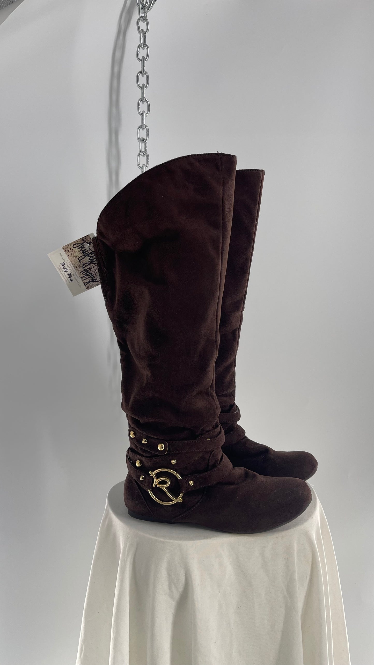 Vintage ROCAWEAR 2000s Brown Strappy, Studded, Slouchy Boots with Gold Logo Hardware (7)