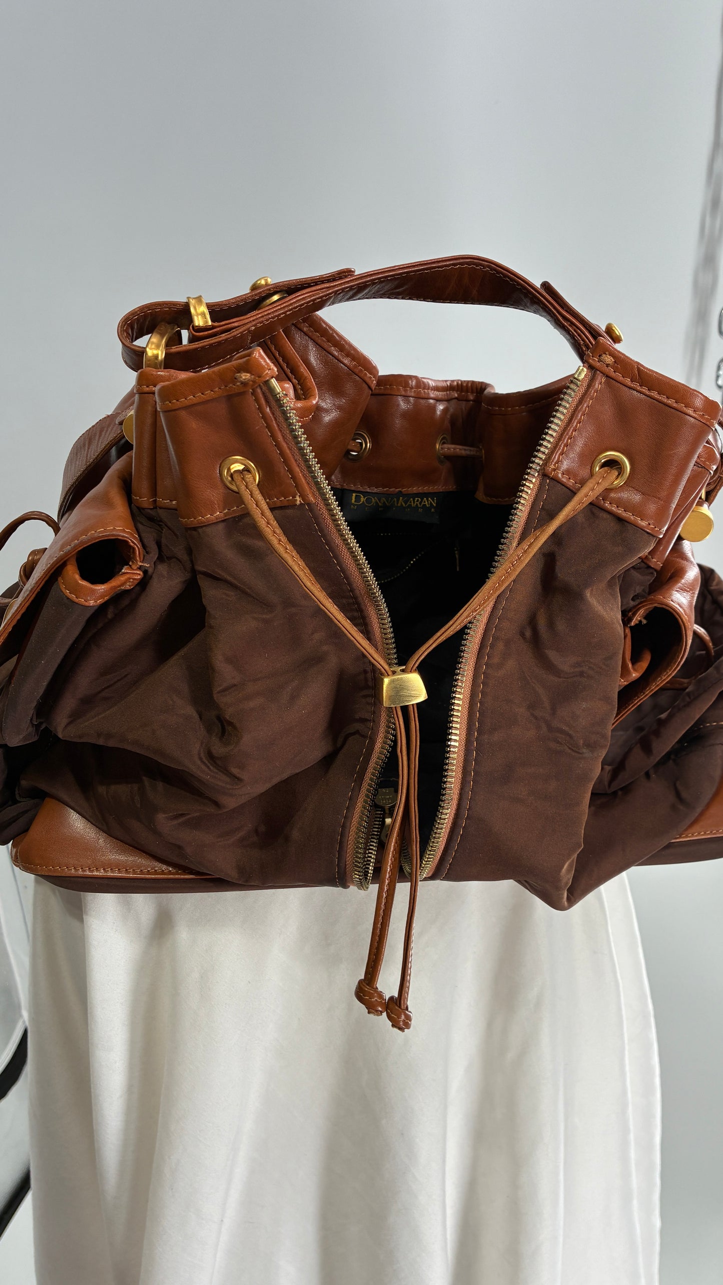 Vintage DONNA KARAN DKNY Oversized XL Brown Zip Front Bag with Leather Details