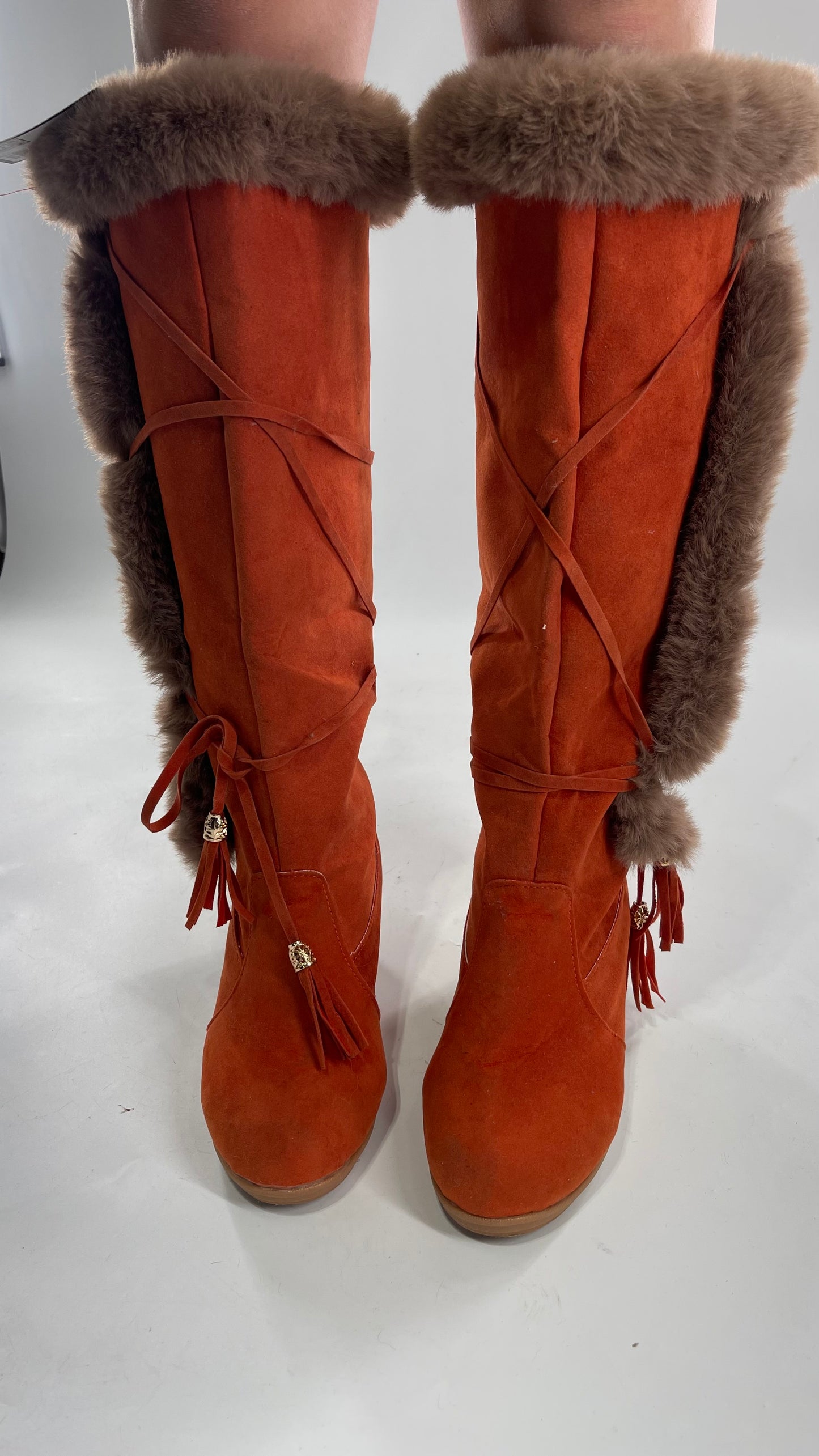 Faux Suede Lace Up Orange Wedge Boots with Faux Fur (37)