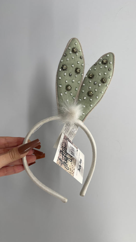 Anthropologie Bunny Rabbit Ears Embellished Beaded Sage Green Headband