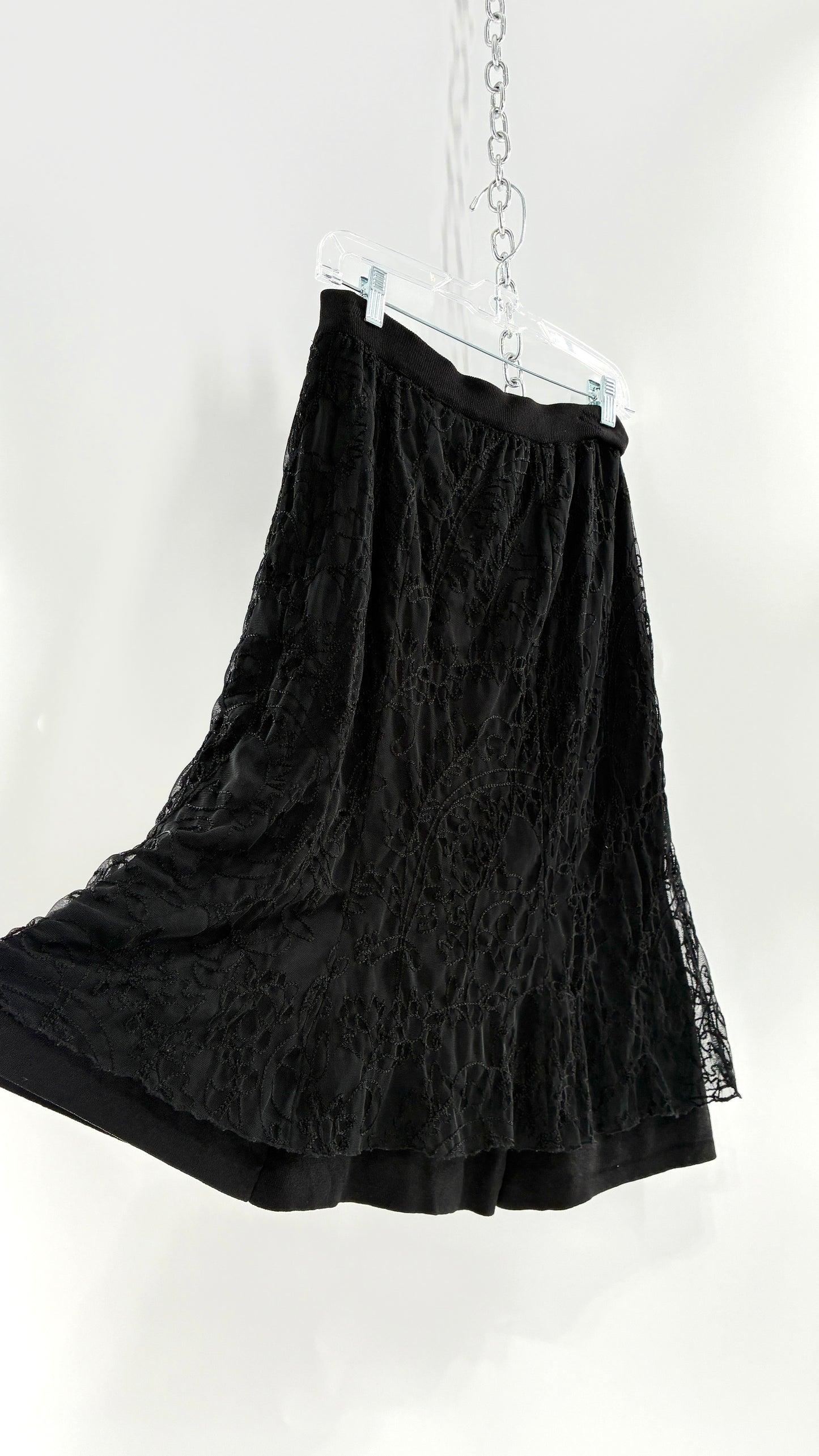 Vintage DUÉ PER DUÉ Black Heavy Knit Skirt with Lace Overlay (Medium)
