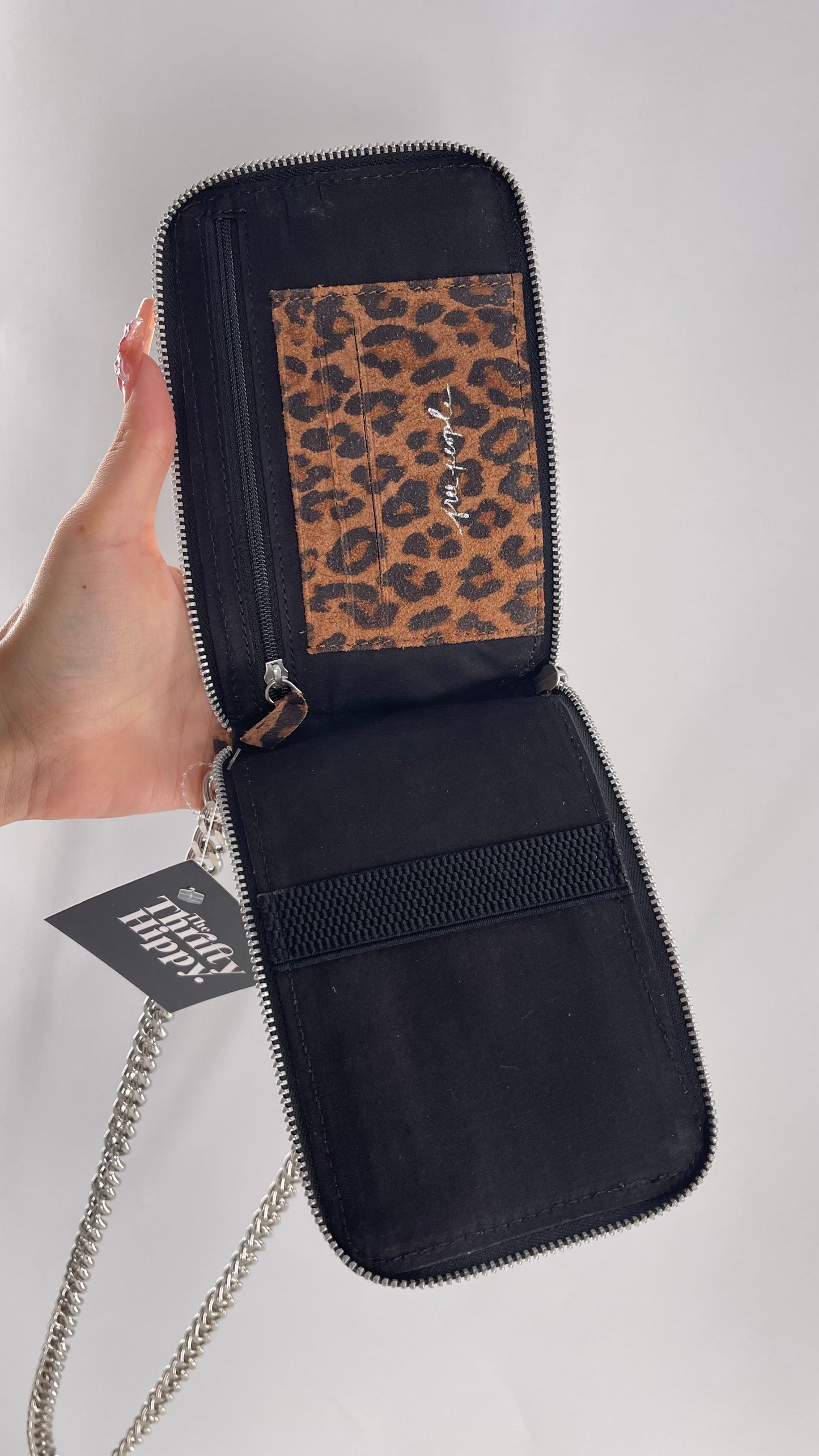 Free People Cheetah Patterned Suede Leather Heavy Metal Chain Strapped Phone Purse with Card Slots