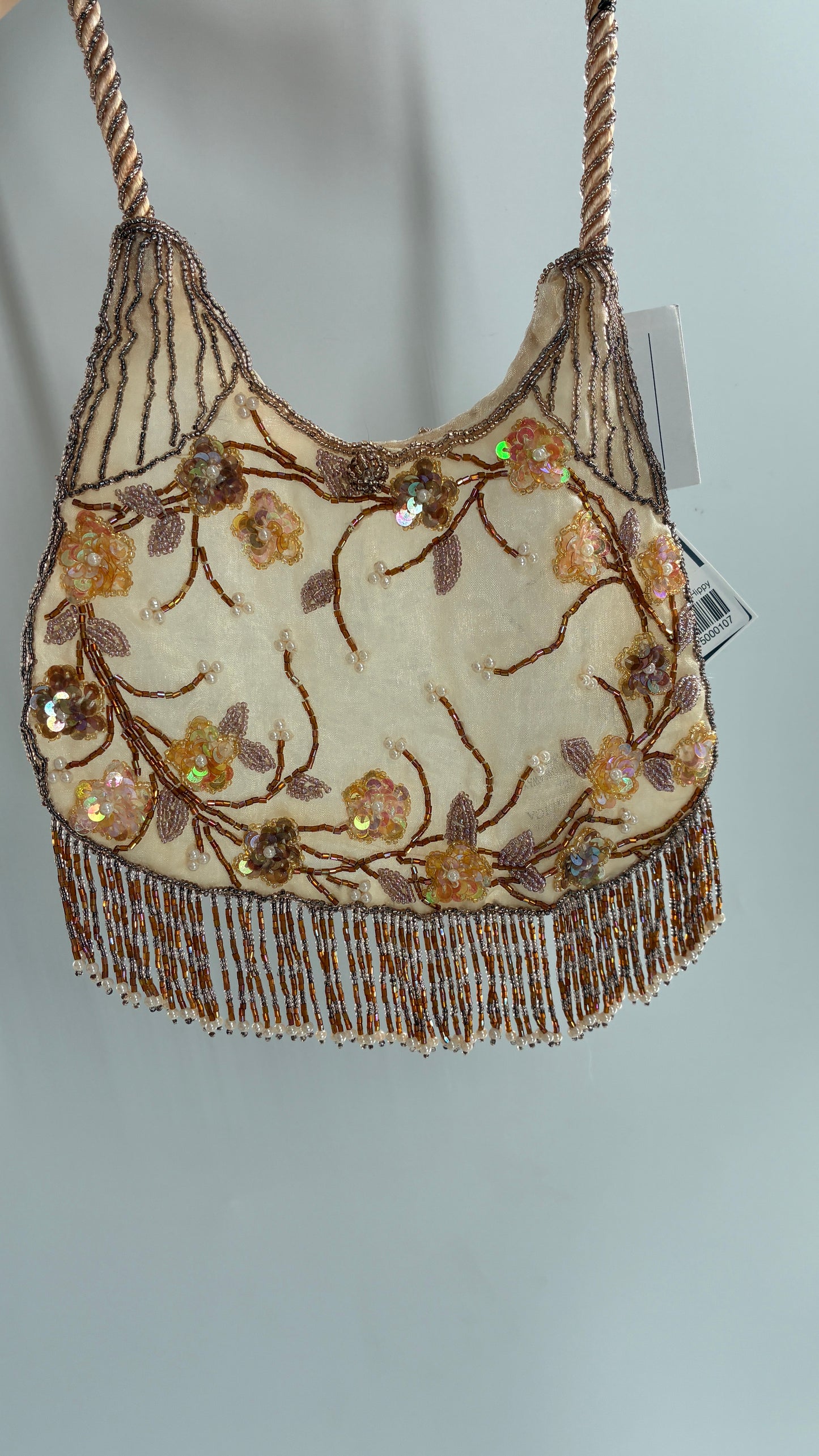 Vintage Deadstock Beige Beaded Fringe Purse with Embroidered Beaded Florals