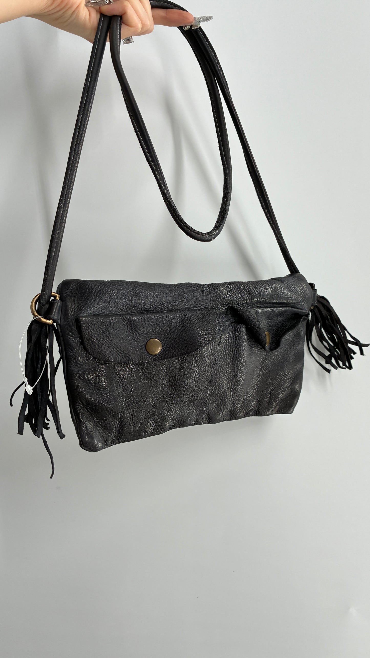 Free People Black Leather Cross Body Fringe Tassel Pouch Pocket Purse