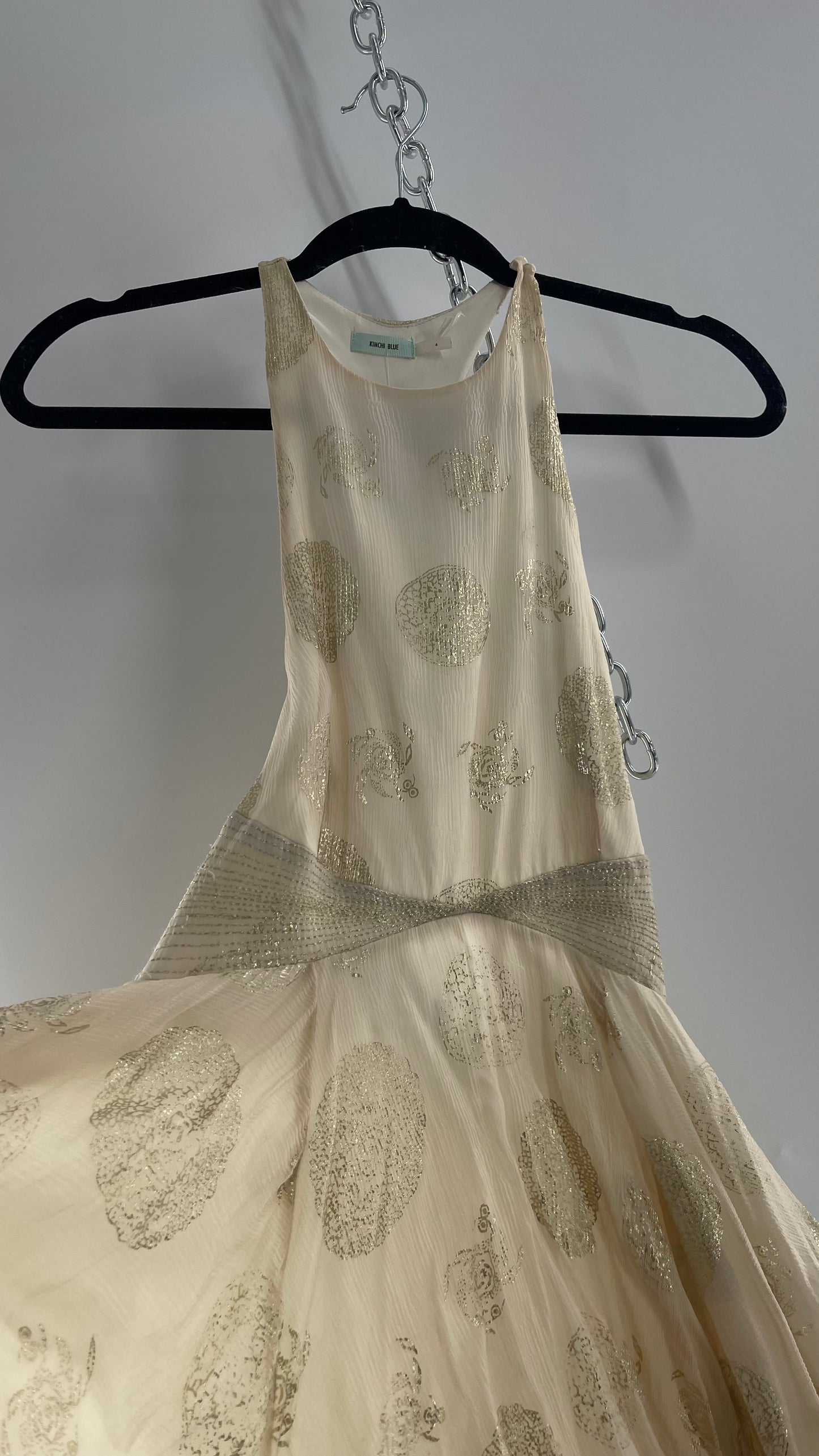 Kimchi Blue Off White Delicate, Romantic Open Back Off White Crimped Dress with Gold Emblems (4)