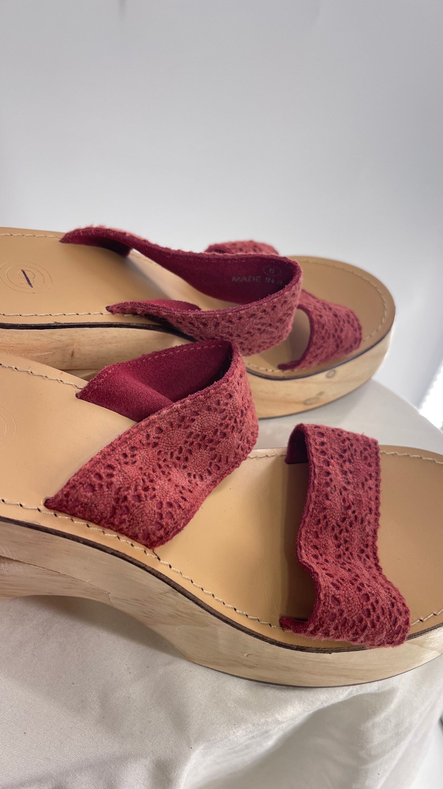 Urban Outfitters Wooden Clog with Leather and Lace Maroon Red Straps (6)