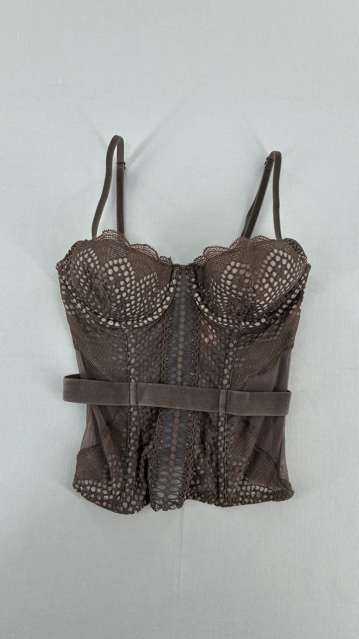 Vintage VICTORIA’S SECRET Taupe Lace Corset with Velour Belting and Tags Attached (32C)