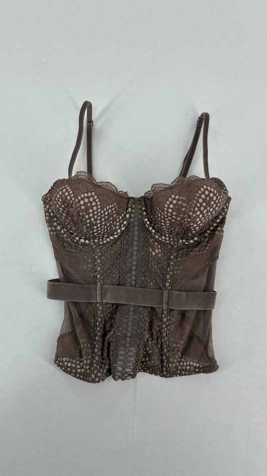 Vintage VICTORIA’S SECRET Taupe Lace Corset with Velour Belting and Tags Attached (32C)