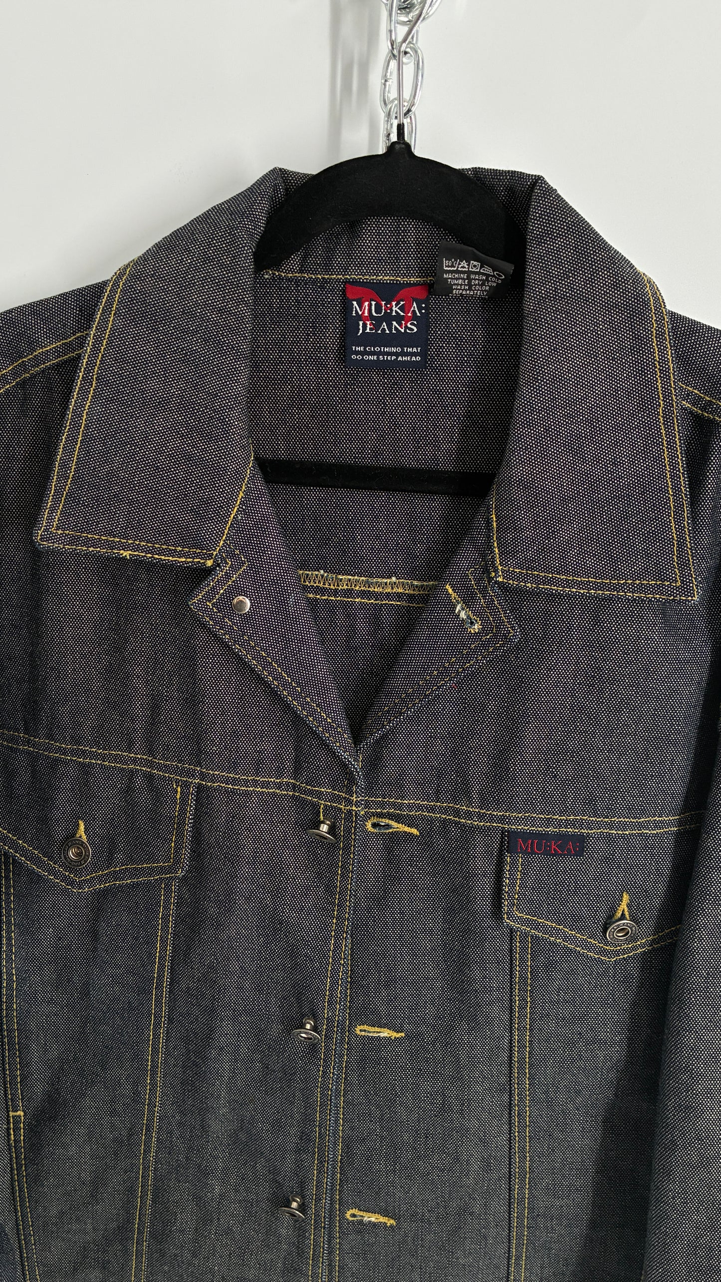 Vintage 1990s MU:KA: JEANS Men’s Dark Wash Japanese Style Denim Baggy Straight Legs and Oversized Jacket Set (L, 32x32)