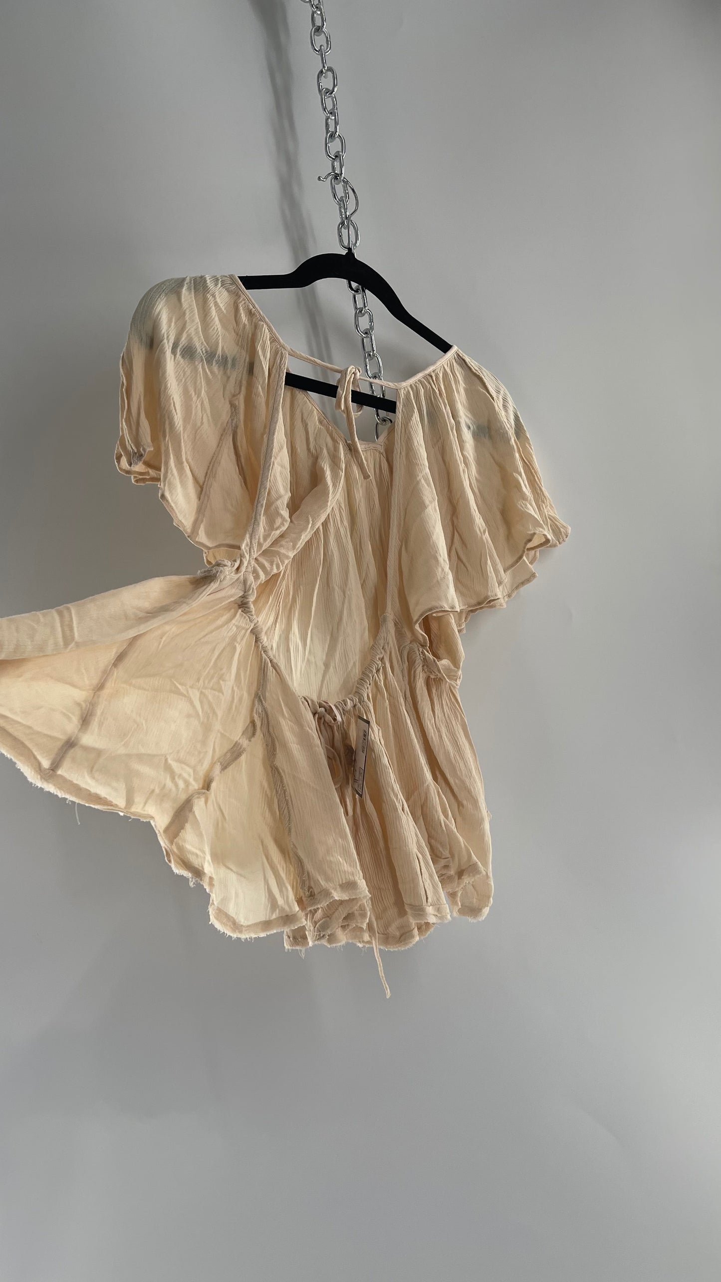 Free People Beige Open Back Drape Sleeve Blouse (XS)