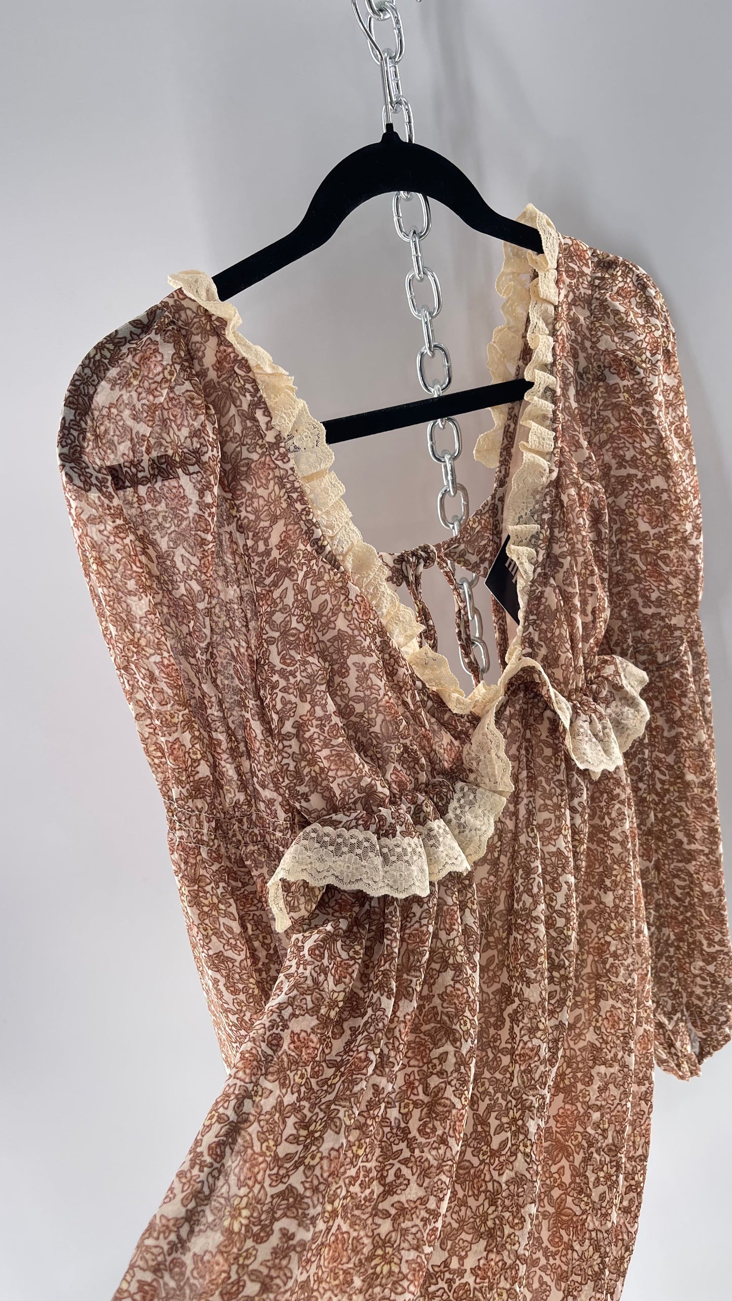 Free People Brown Floral Mini Dress with Beige Lace Lining and Puffy Balloon Sleeves (XS)