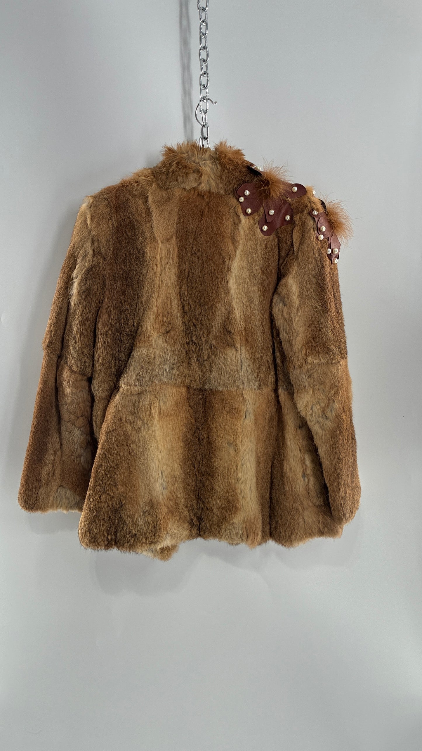 Vintage OPERA Montreal New York Genuine Fur Coat with Pearl Embellished Leather Flower Appliqués (Medium)