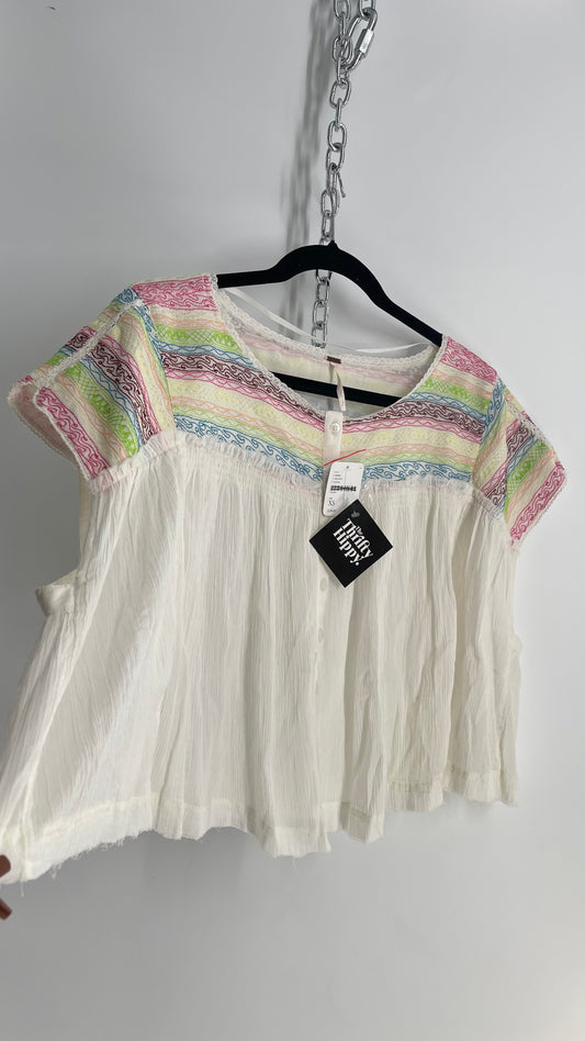 Free People Crimped White Colorful Embroidery with Tags Attached (XS)