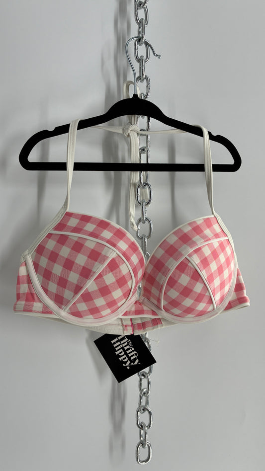 AERIE White and Pink Gingham Underwire Halter Swim Top (32B)