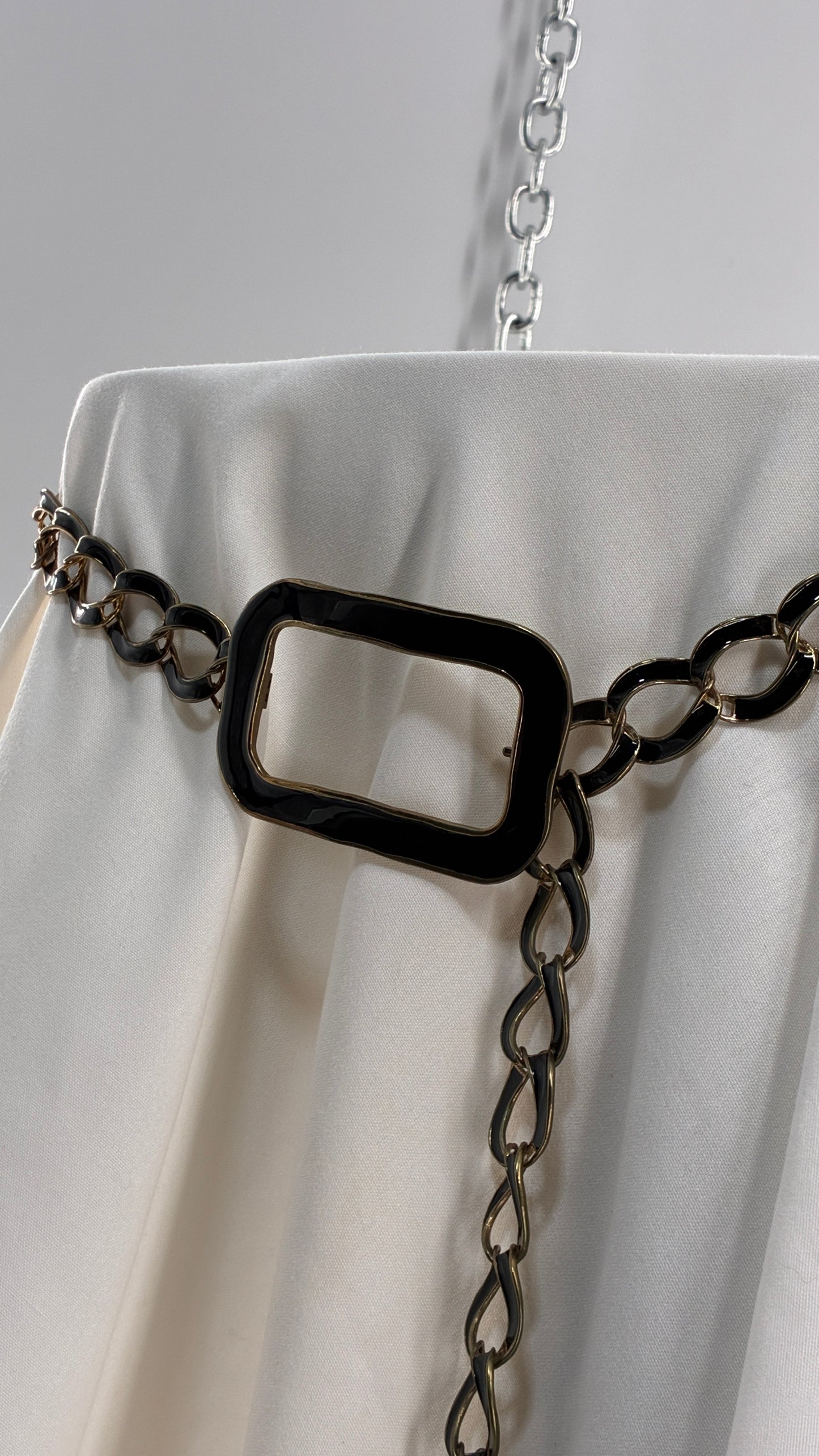 Vintage Gold and Black Chain Belt with Oversized Statement Buckle (One Size)