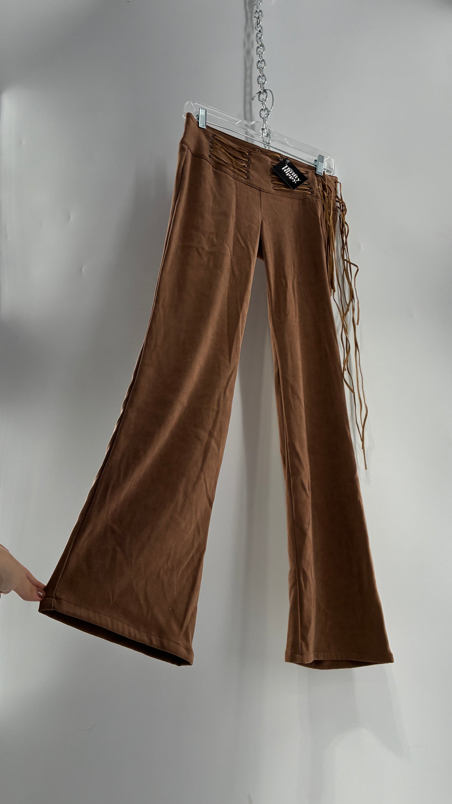 Vintage Rare L.E.I Low Rise Faux Suede Kick Flares with Wide, Thread Through Tassels Hip Band (5)