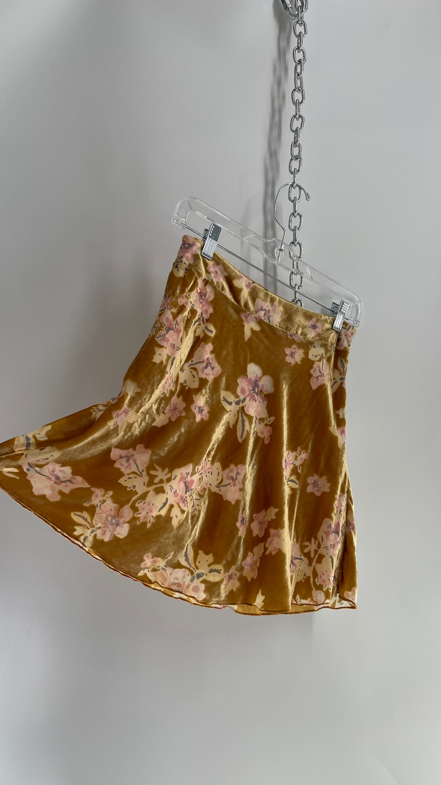 Free People Mustard Yellow/Gold Velvet Mini Skirt with Pink Flowers (0)