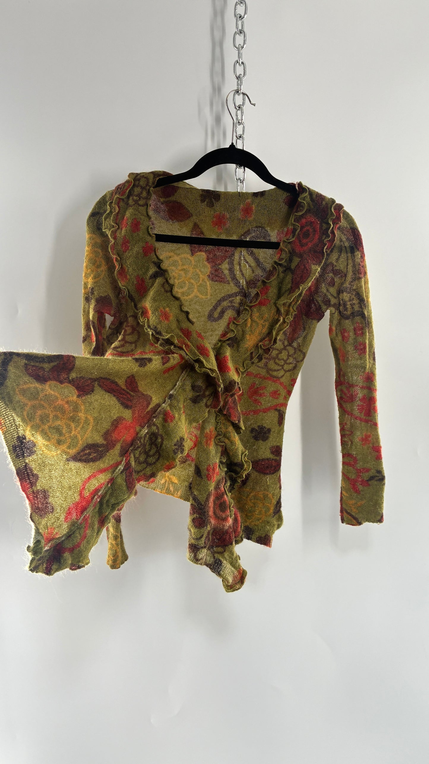 Vintage Green Paisley Mohair/Merino Wool Blend Long Sleeve with Bust Clasp and Ruffled Design (Medium)