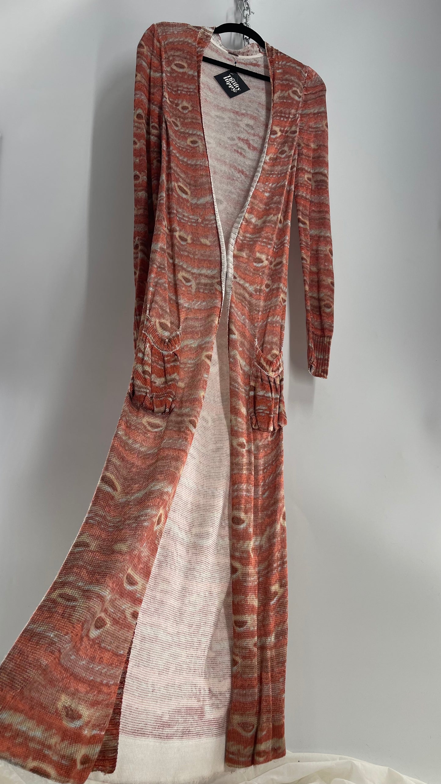 Free People Knit Floor Length Salmon Orange Patterned Cape (L)