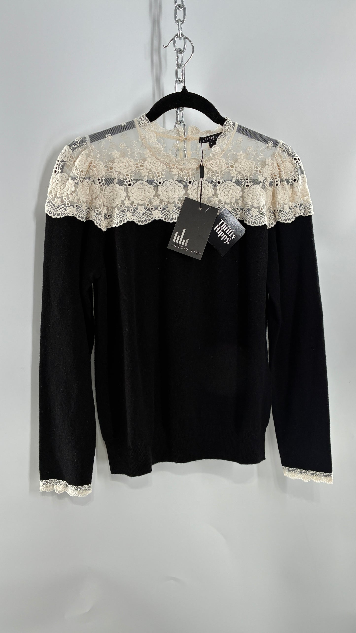 JESSIE LIU Amari Black 100% Merino Wool Sweater with Ivory Lace Neckline and Cuffs (Large)
