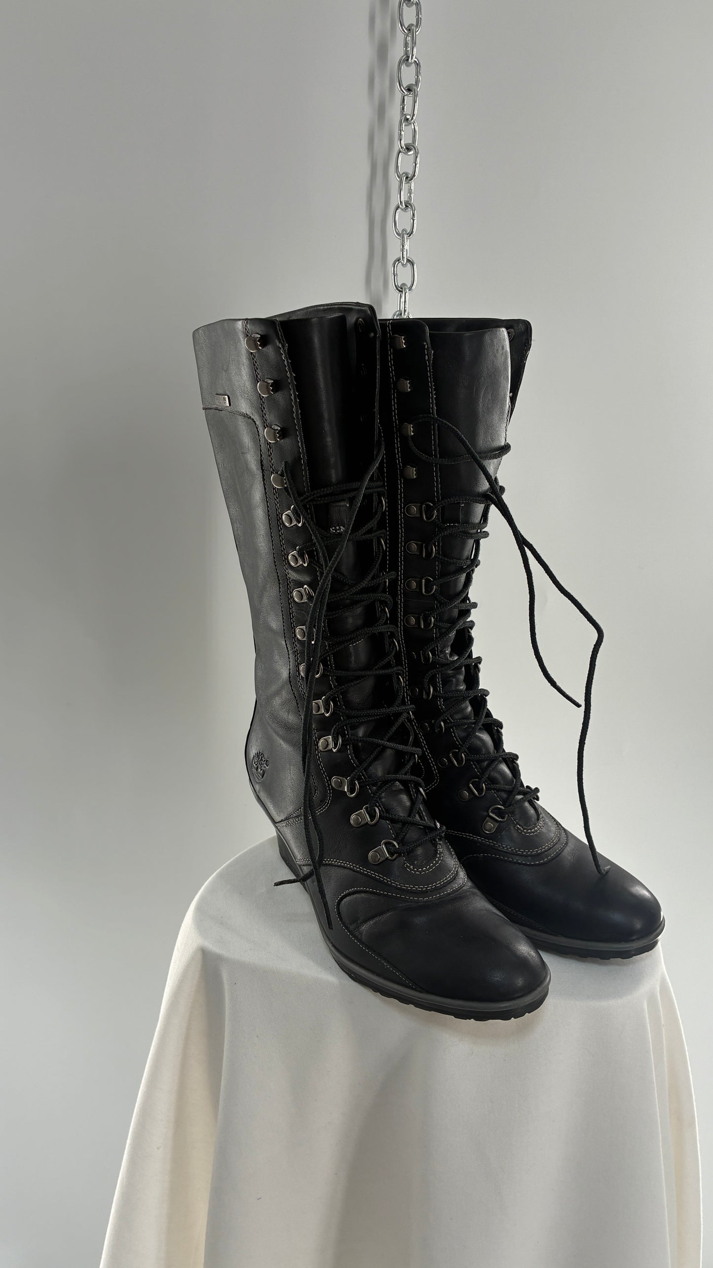 Vintage TIMBERLAND Black Genuine Leather Wedge Boots (10)