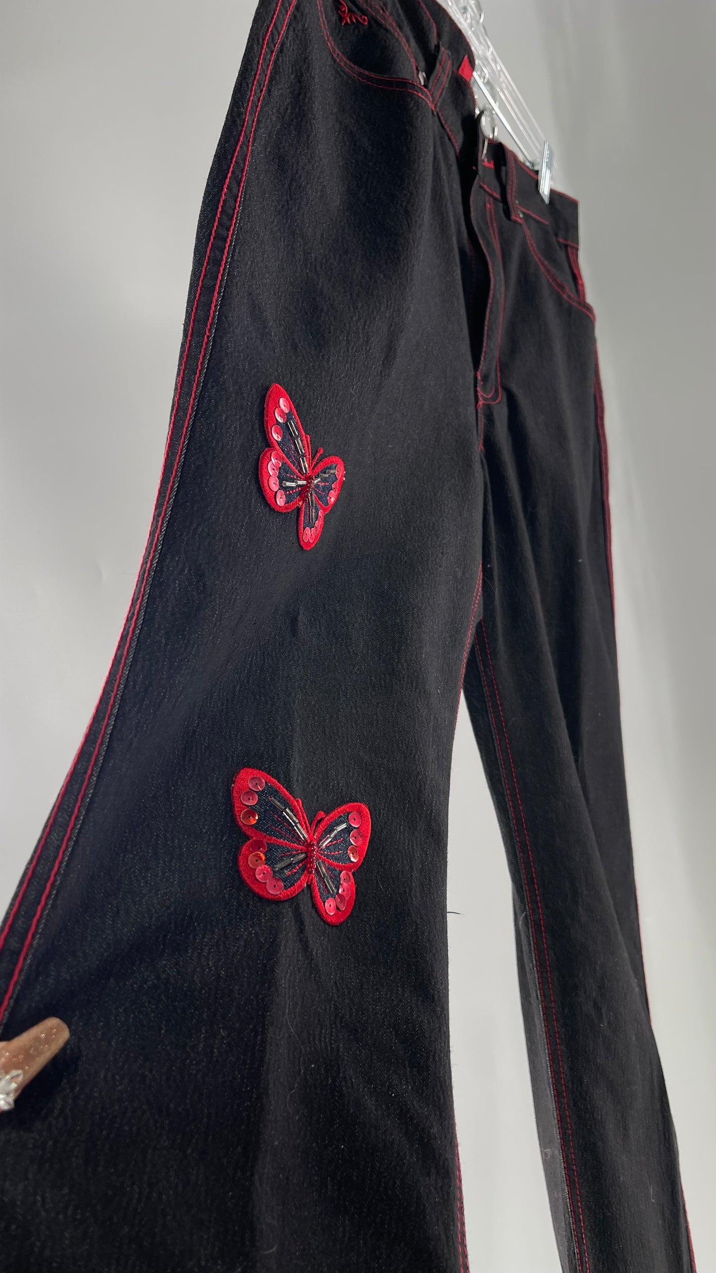 Rare Vintage Black Crest Jeans with Red Contrast Stitching and Butterfly Embroidery on Thigh and Back Pockets (14)