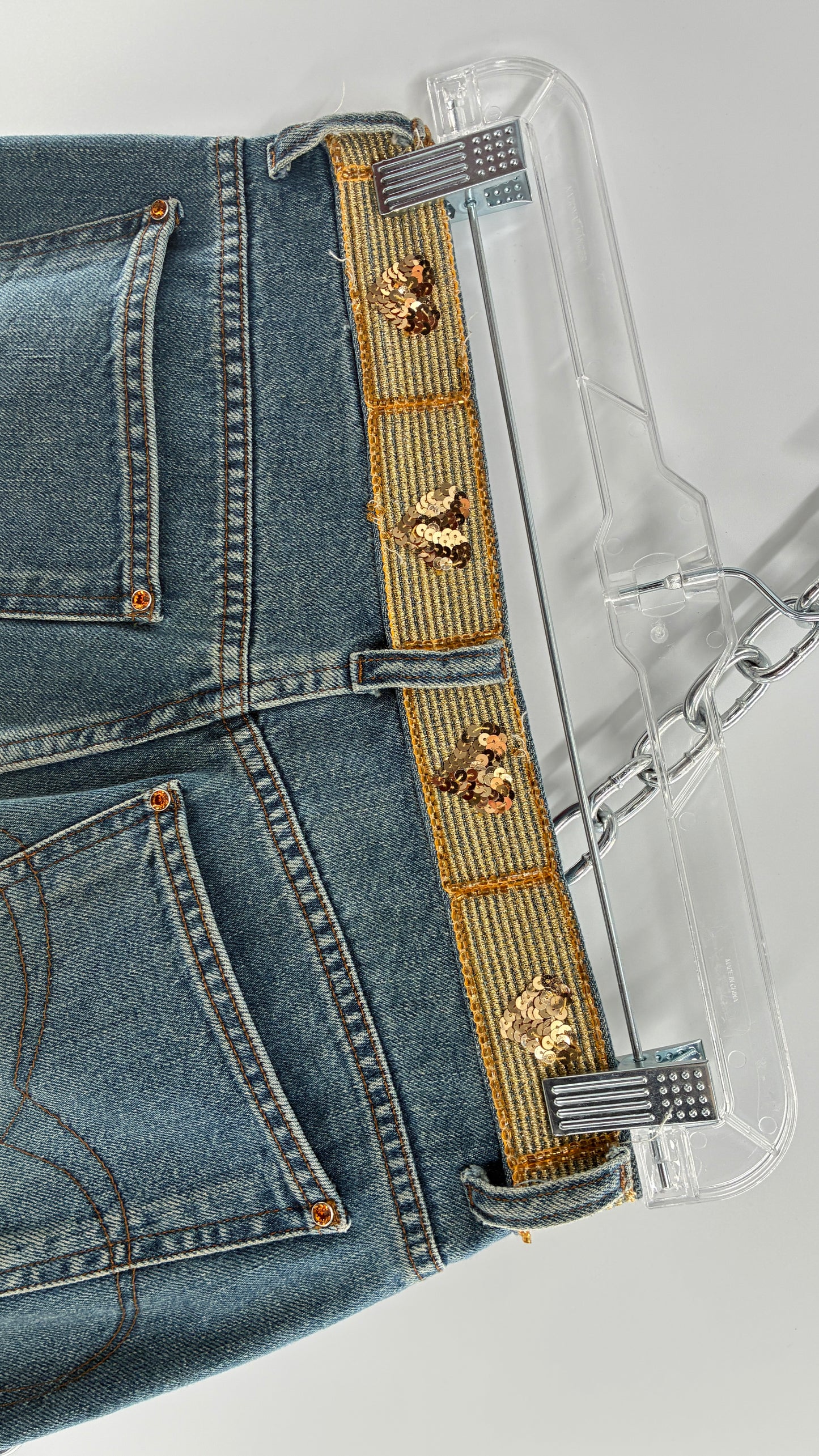 Vintage VOYAGE PASSION Kick Flare Light Wash Jeans with Heart Embroidered Bum and Gold Sequin Belt (28)