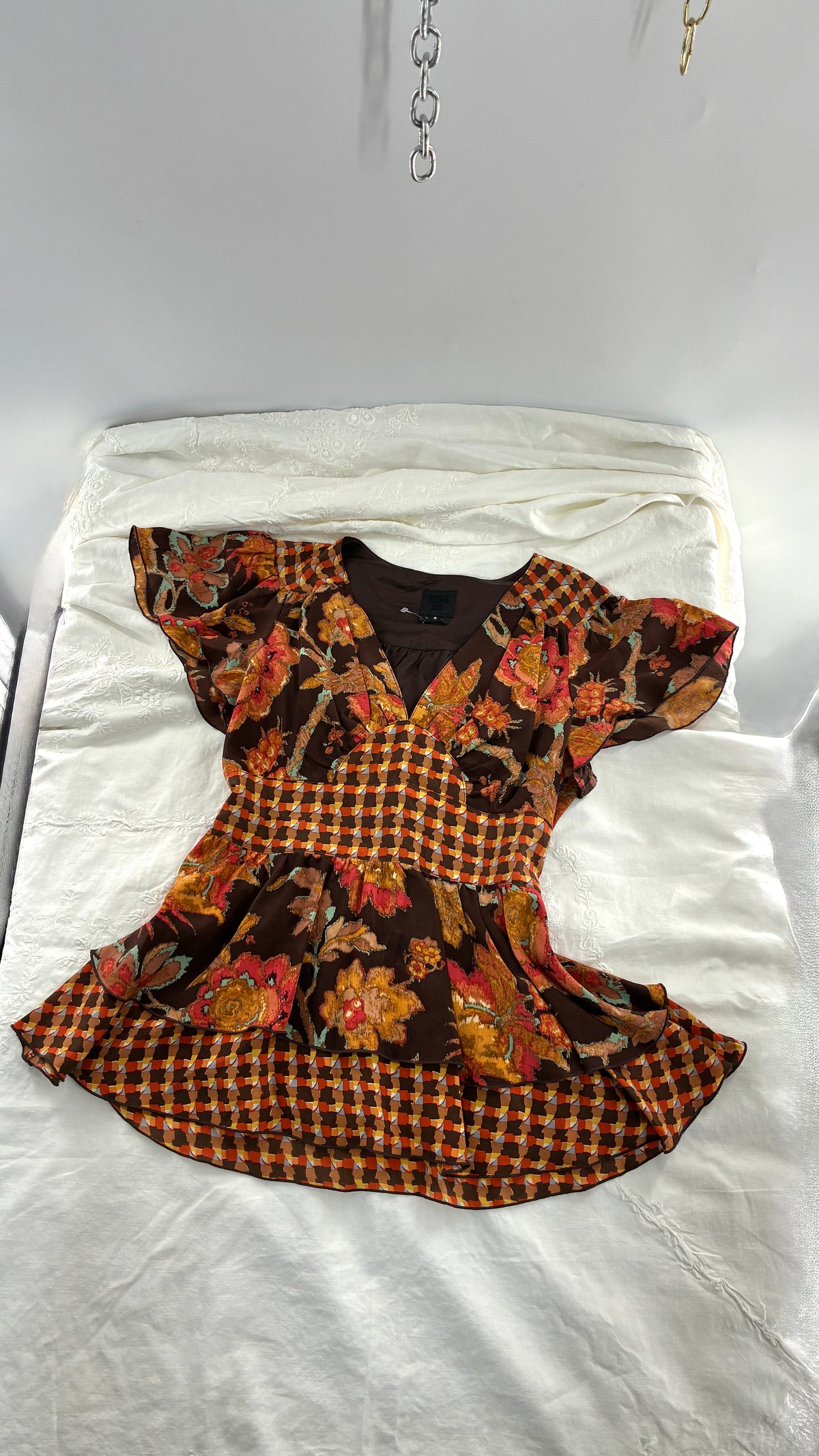 Vintage ANNA SUI 100% Silk Orange and Brown Mixed Pattern Blouse (4)