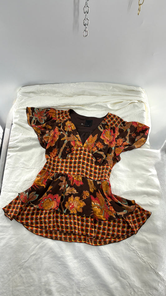 Vintage ANNA SUI 100% Silk Orange and Brown Mixed Pattern Blouse (4)