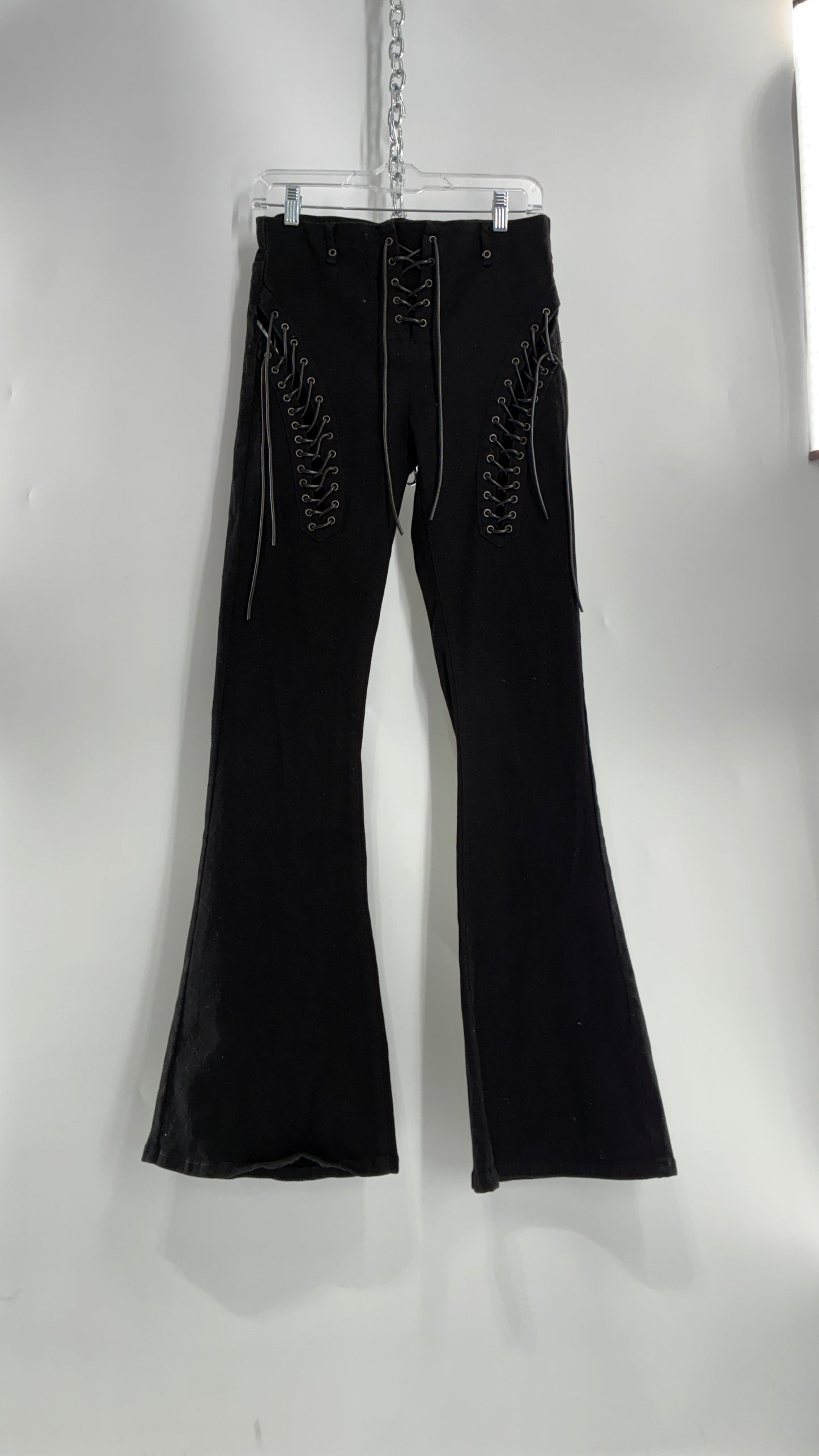 Edikted Black Denim Flares with Open Side Tie Up Details (Medium)