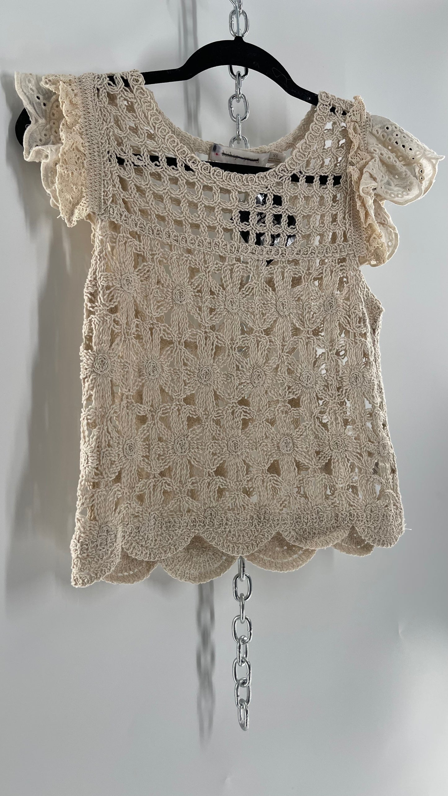 Bishop + Young Anthropologie Crochet Tank with Scalloped Hem and Lace Lined Sleeves (Small)