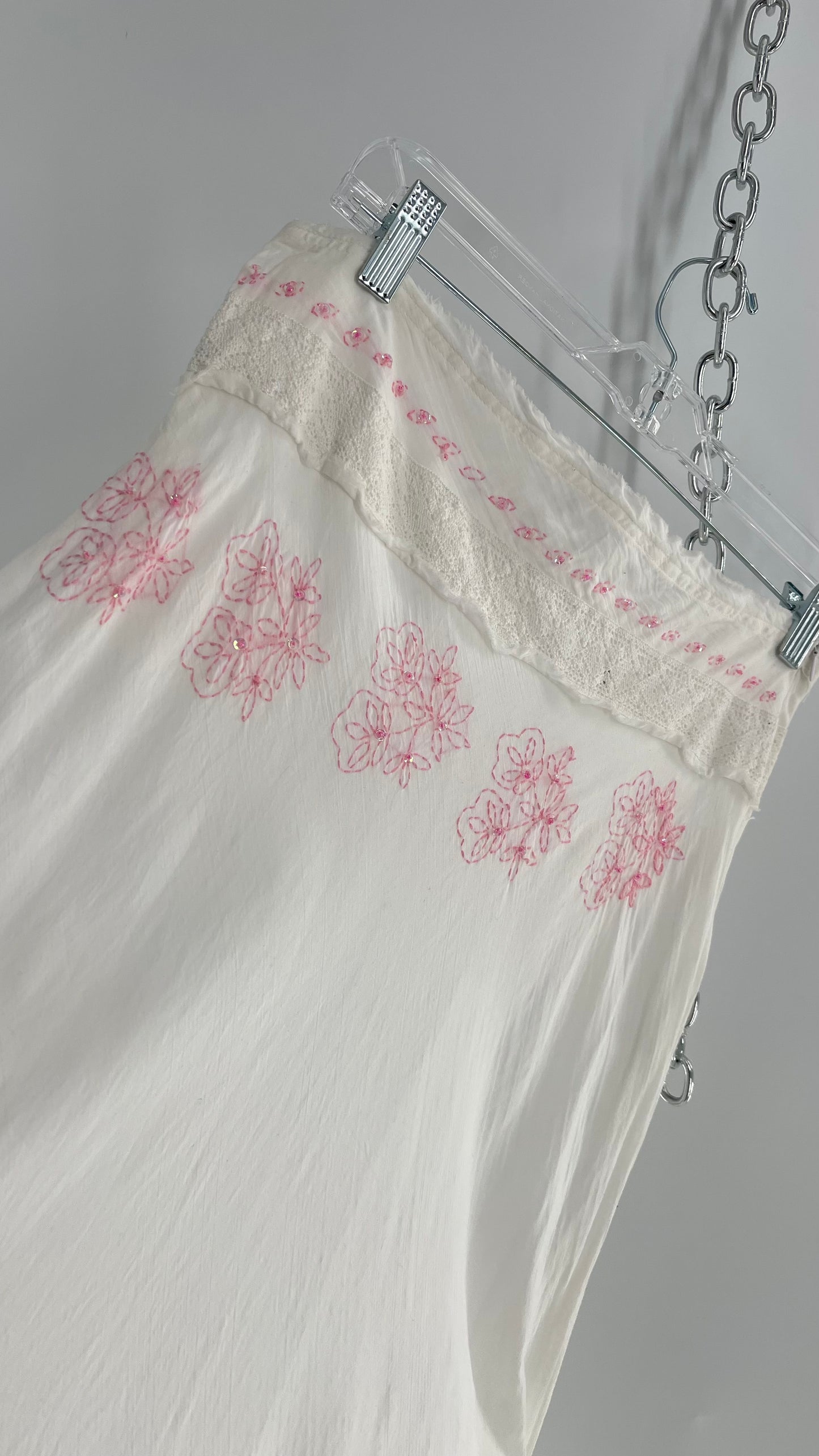 Vintage La Belle White Tiered Maxi Skirt with Pink Embroidery (9)