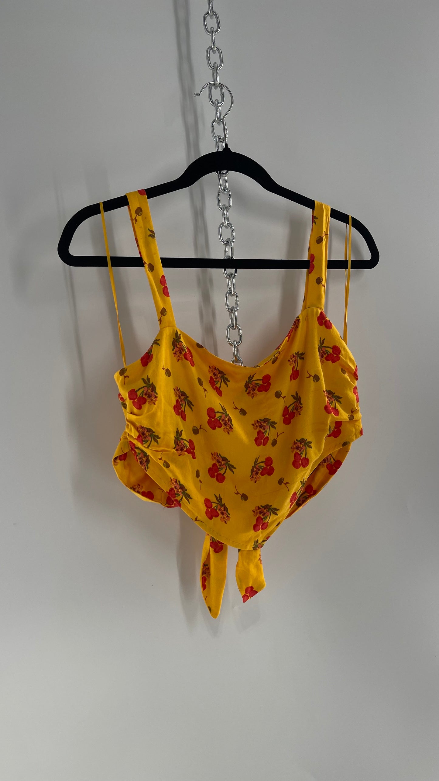 Urban Outfitters Yellow Cherry Printed Crop with Tie Back (Large)