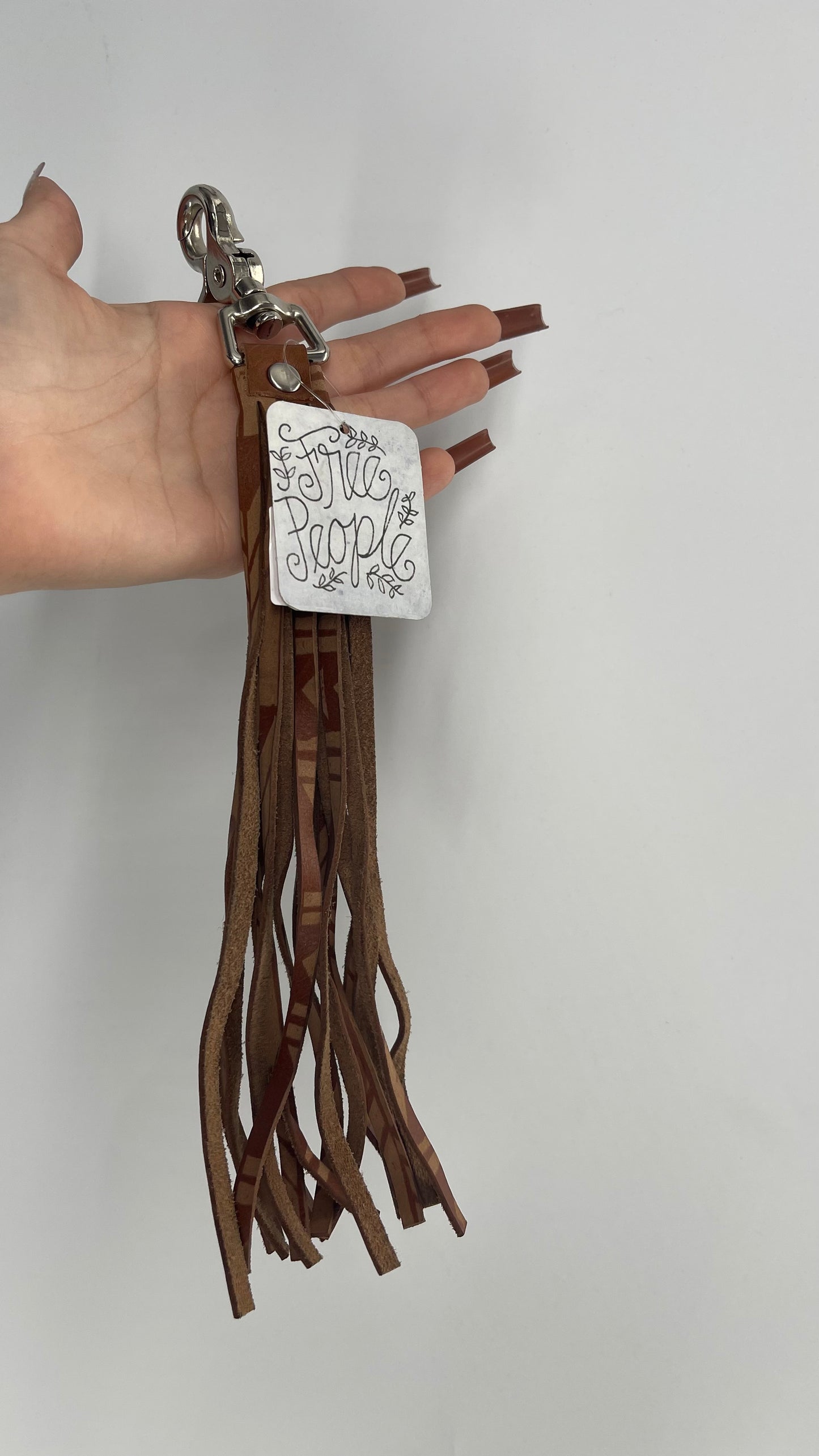 Free People Patterned Leather Tassel Keychain Ring with Tags Attached
