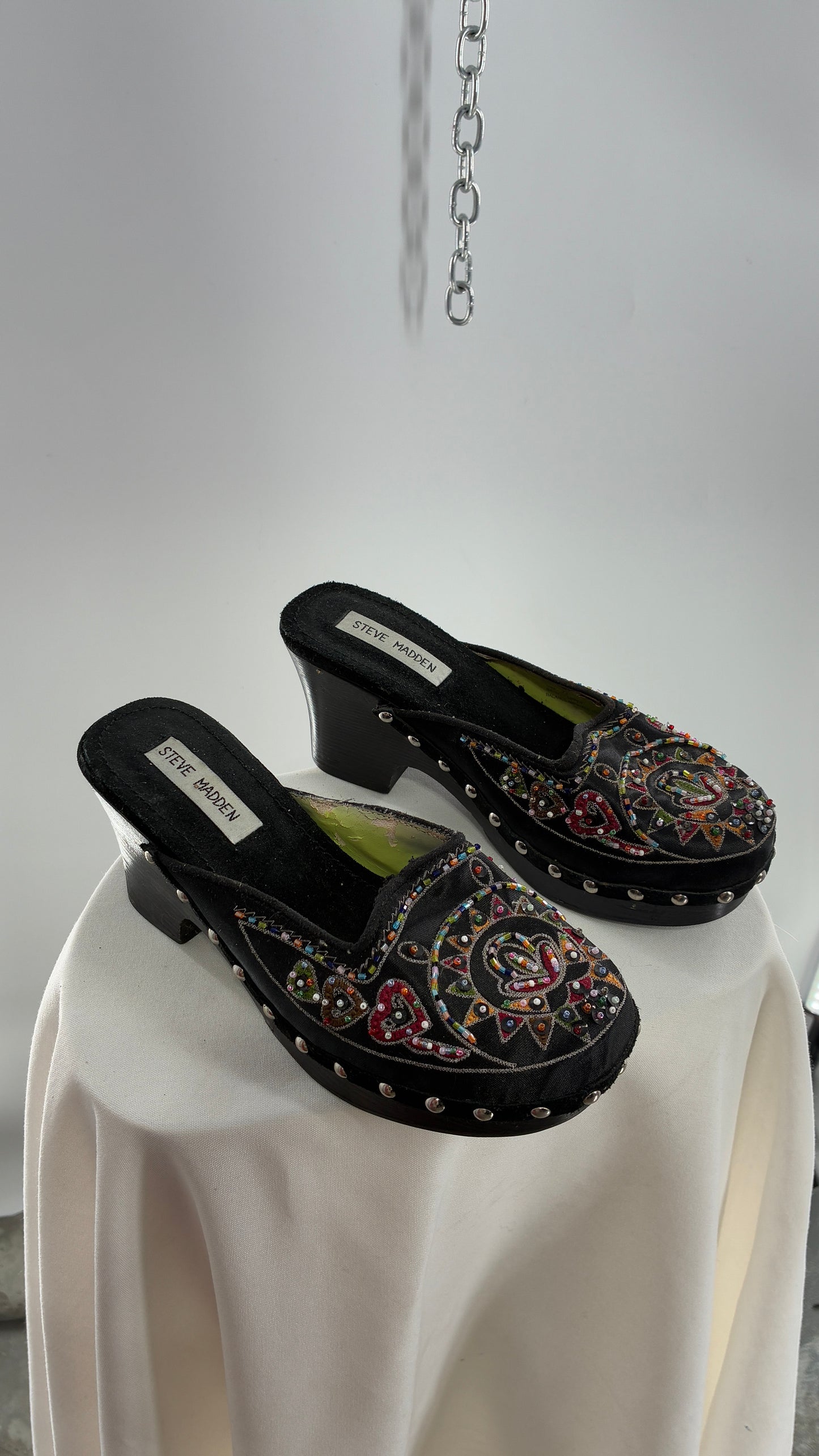 Vintage 1990s STEVE MADDEN Black Wooden Heel Clogs with Embroidered and Beaded Design (7.5)