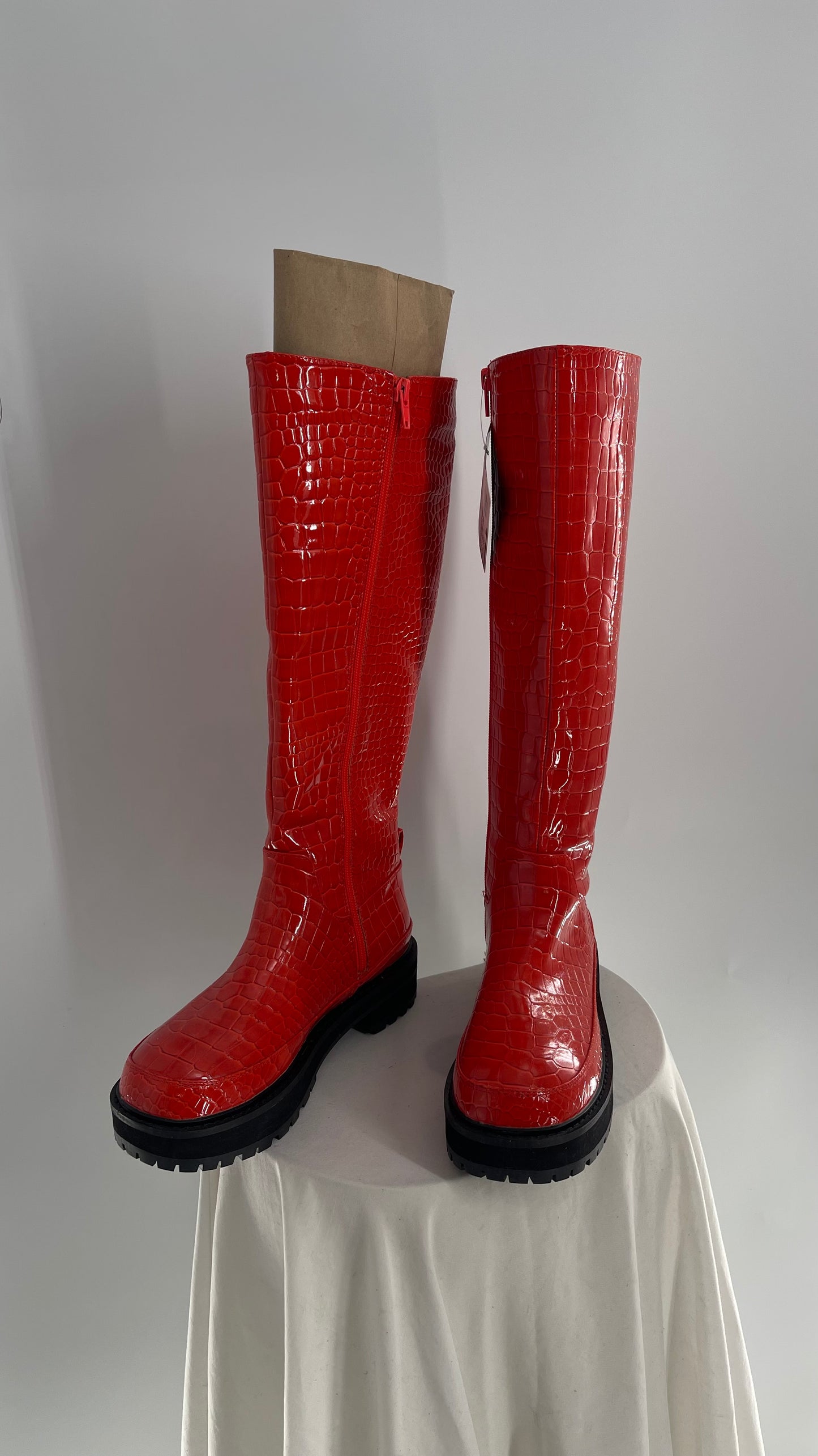 Urban Outfitters Orange Crocodile Embossed Knee High Boots (6)