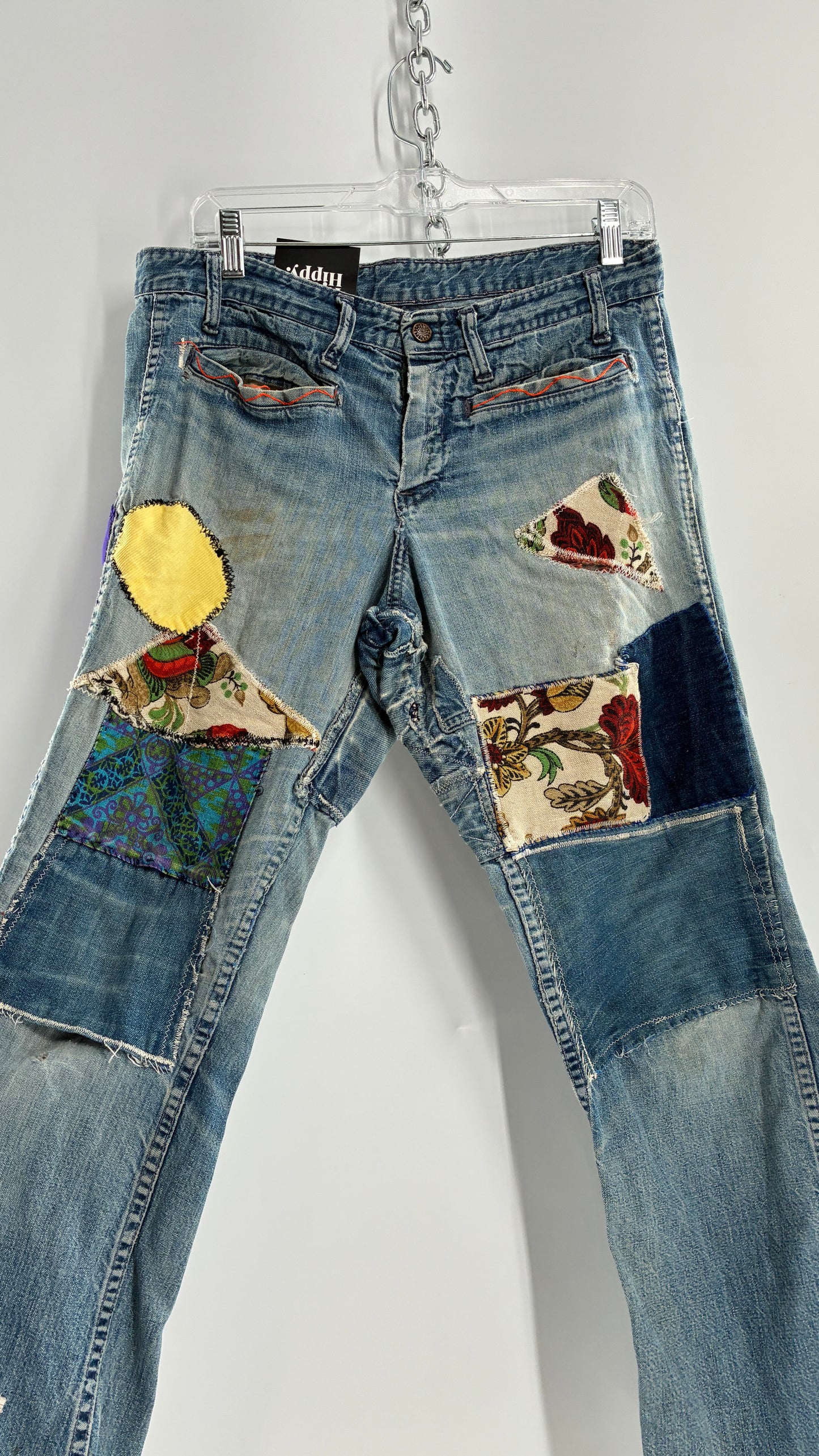 Vintage Rare 1970s Light Wash, Low Rise Boot Cut Jeans with Hand Stitched Tapestry Style Patches and Purple Heart on Bum (Measurements Below)