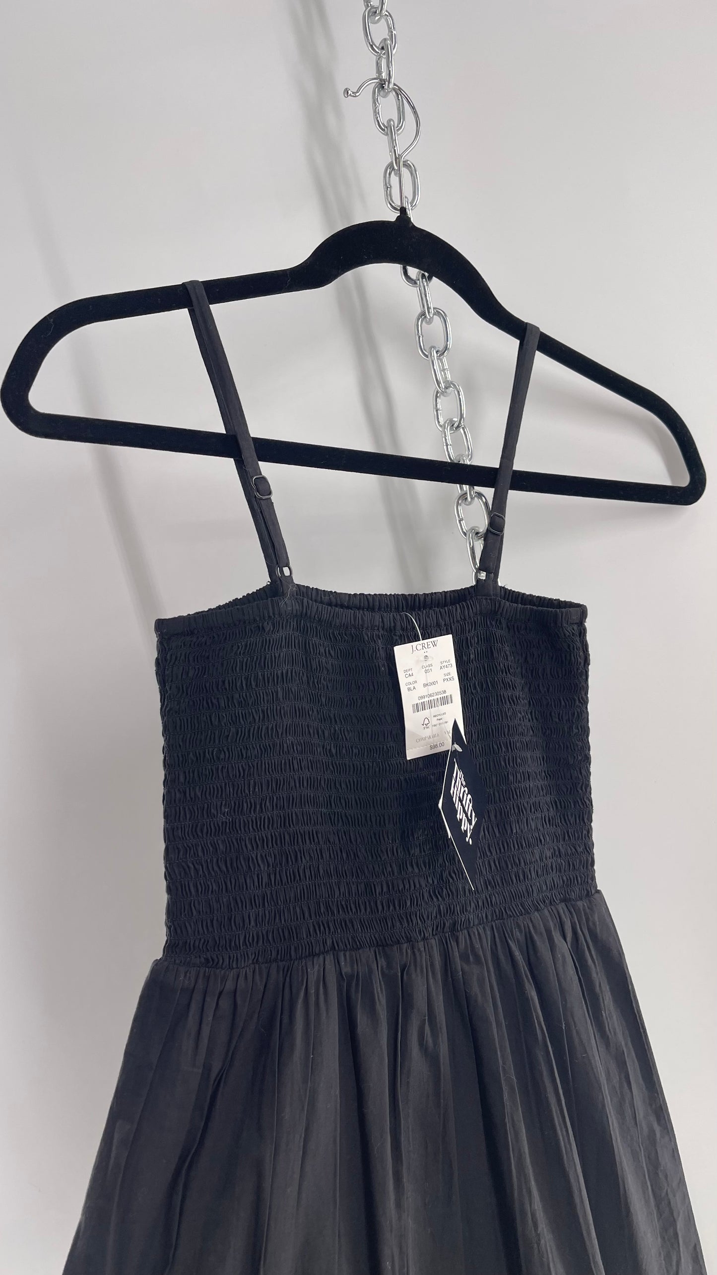 J CREW (XXS) Black Cotton Tiered Maxi Dress with Smocked Bust/Bodice