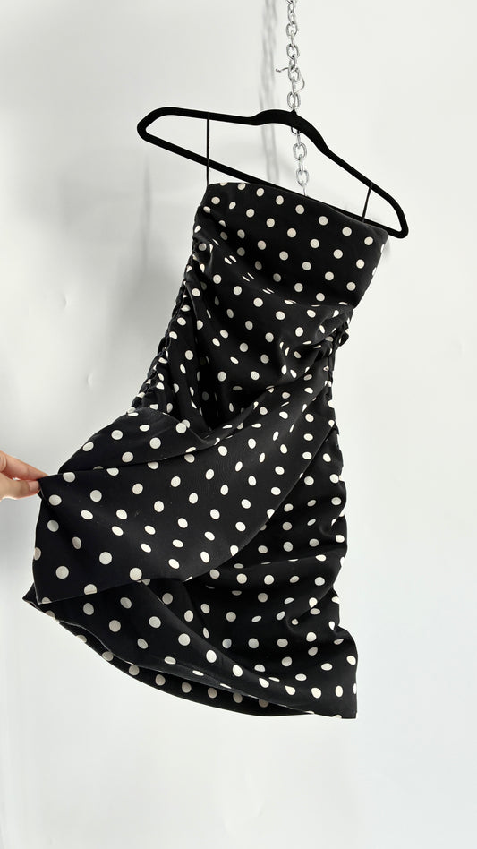 LIONESS Black and White Polka Dot Bodycon Ruched Mini Dress (Small)