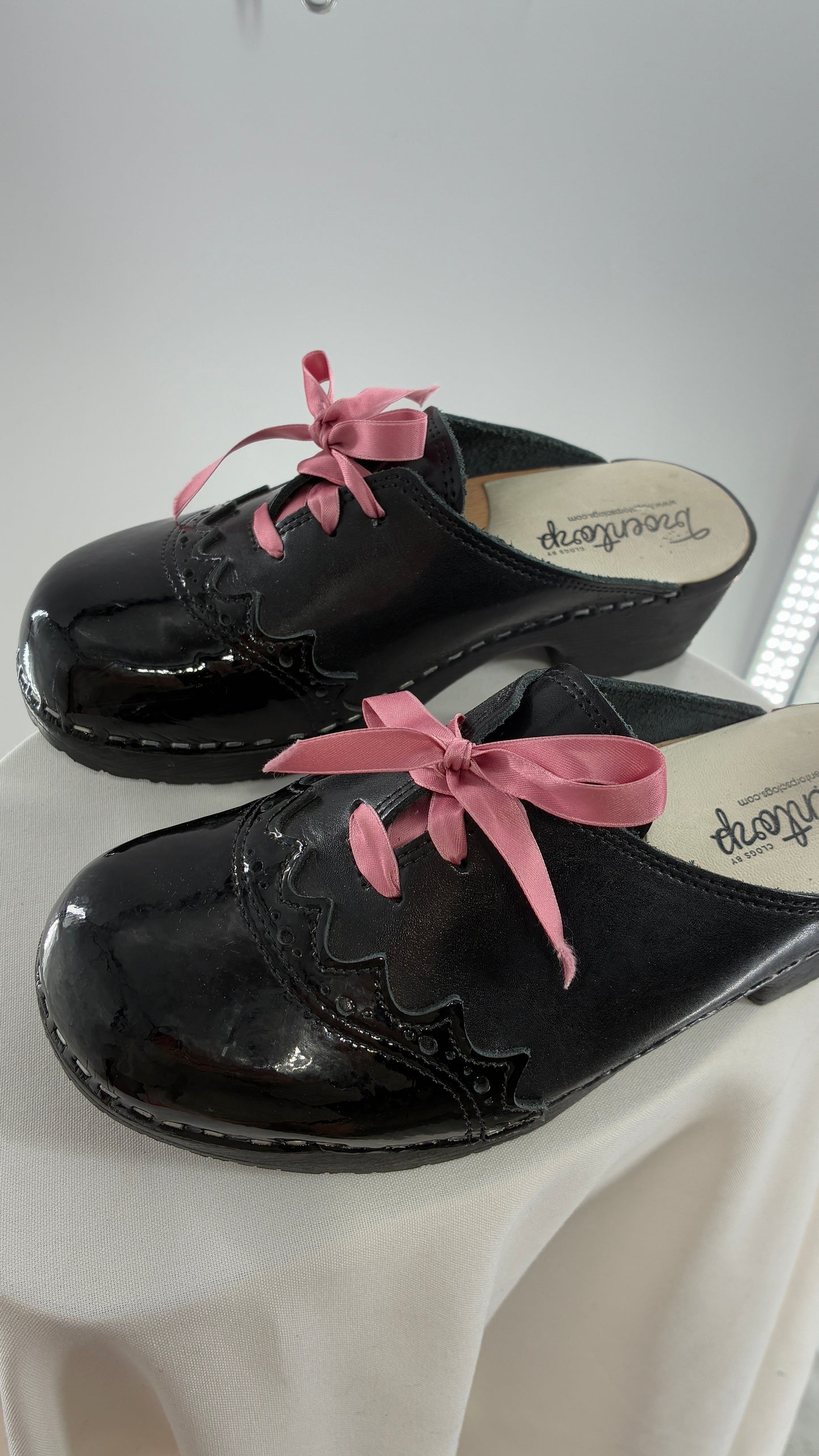 Vintage 1970s TROENTORPS Black Patent Leather Clogs with Ribbon Tie Detail (38)