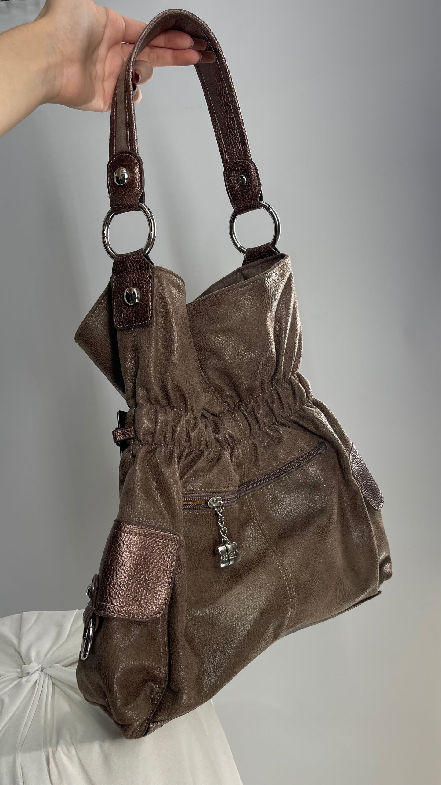 Vintage Kathy Van Zeeland Brown Leather Buckle Bag with Stone Details