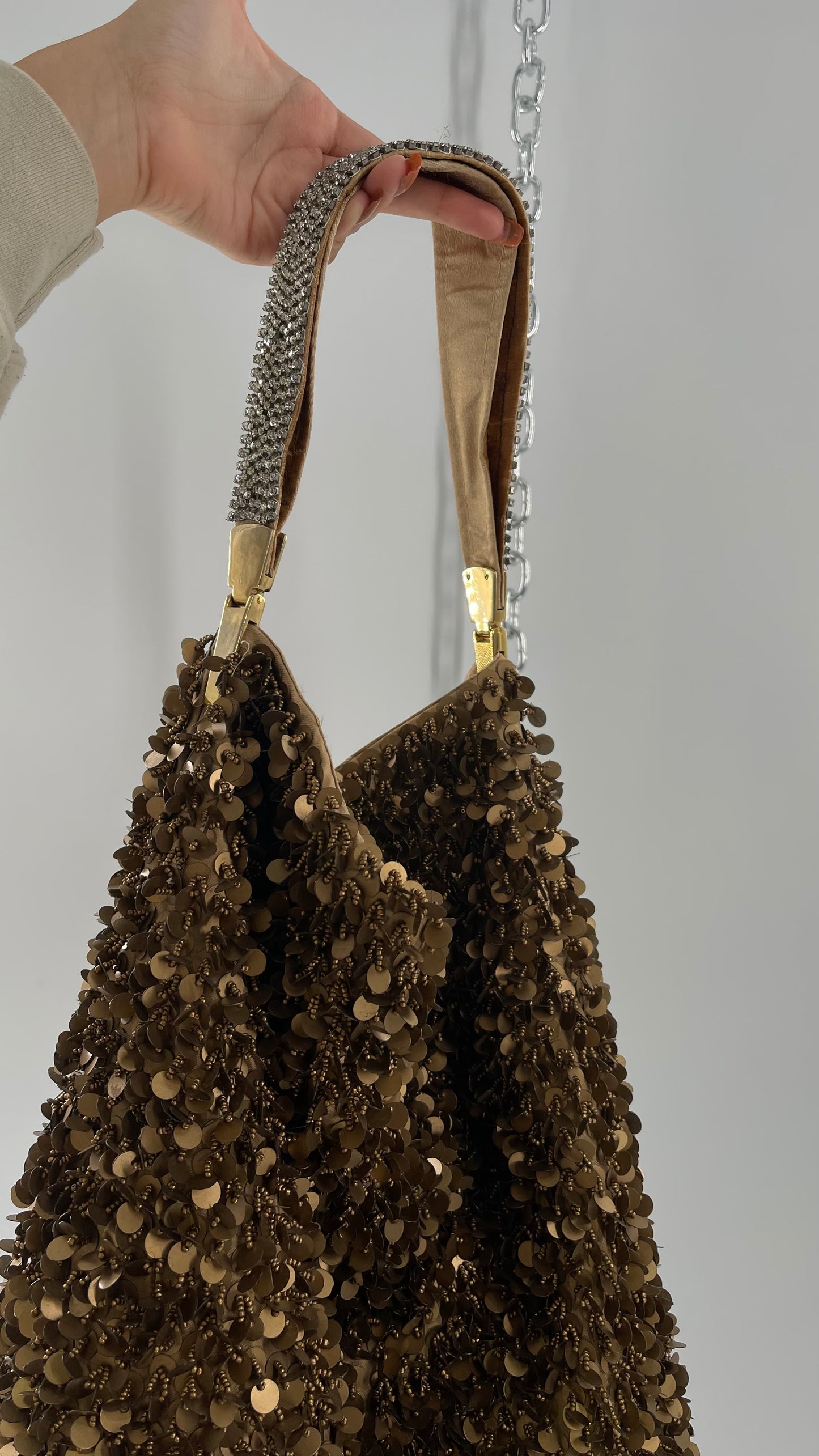 Deadstock The Find Marvelous Bronze Beaded Sequin Tote Bag with Gemstone Strap