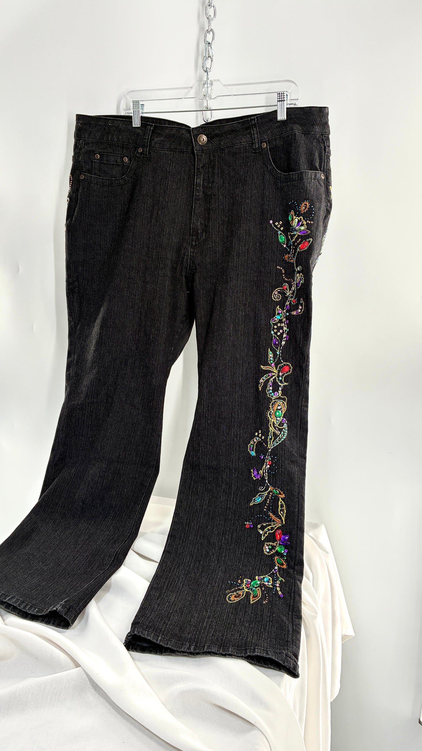 Vintage Grainy Black Denim with Hip to Hem Gemstones and Embroidery (22W)