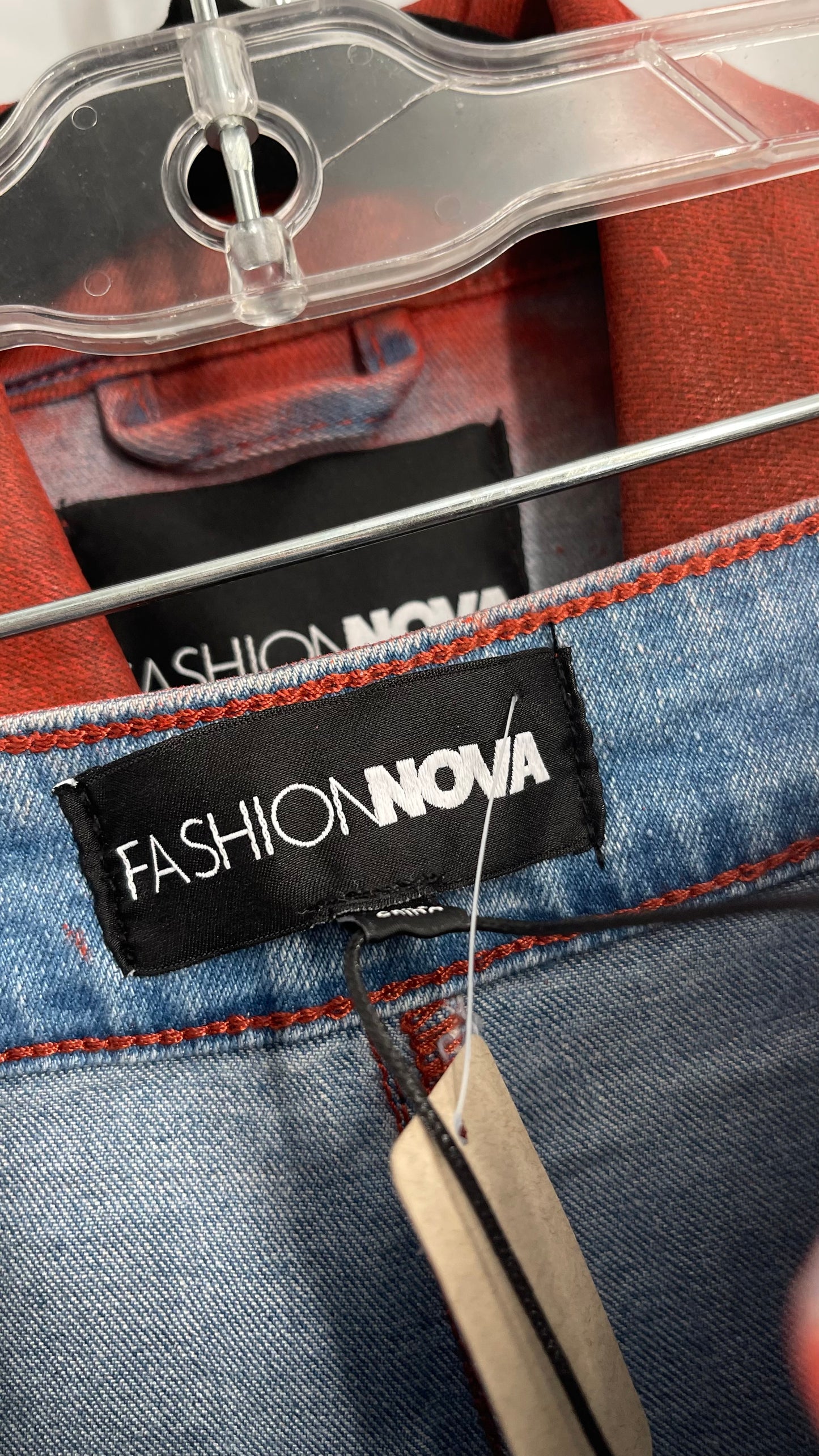 Fashion Nova Red Waxed Denim Cropped Motorcycle Jacket with Flared Jean Set and Tags Attached (XL/15)