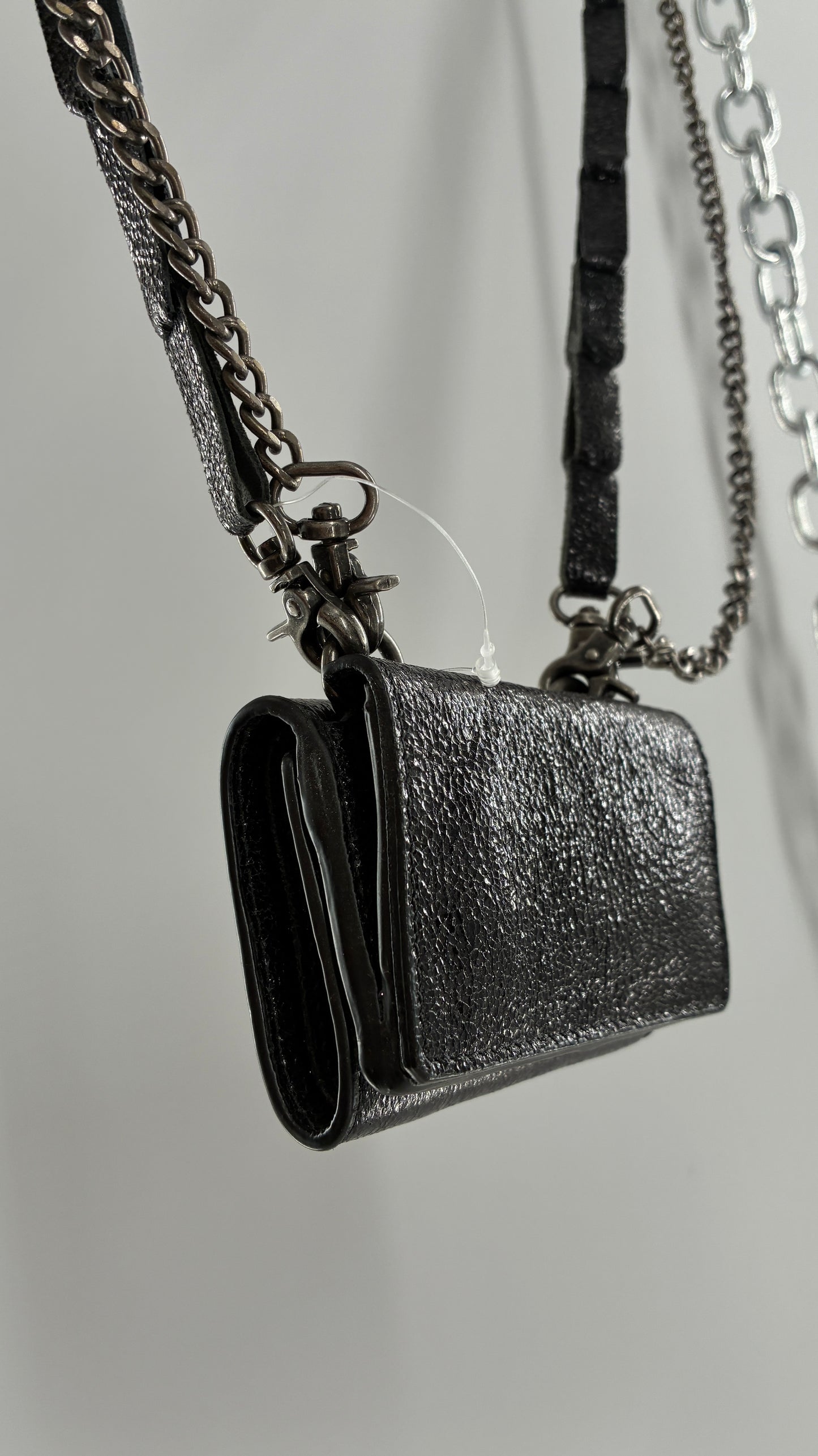 Free People Black Metallic Goat Leather Wallet with Leather and Chain Straps