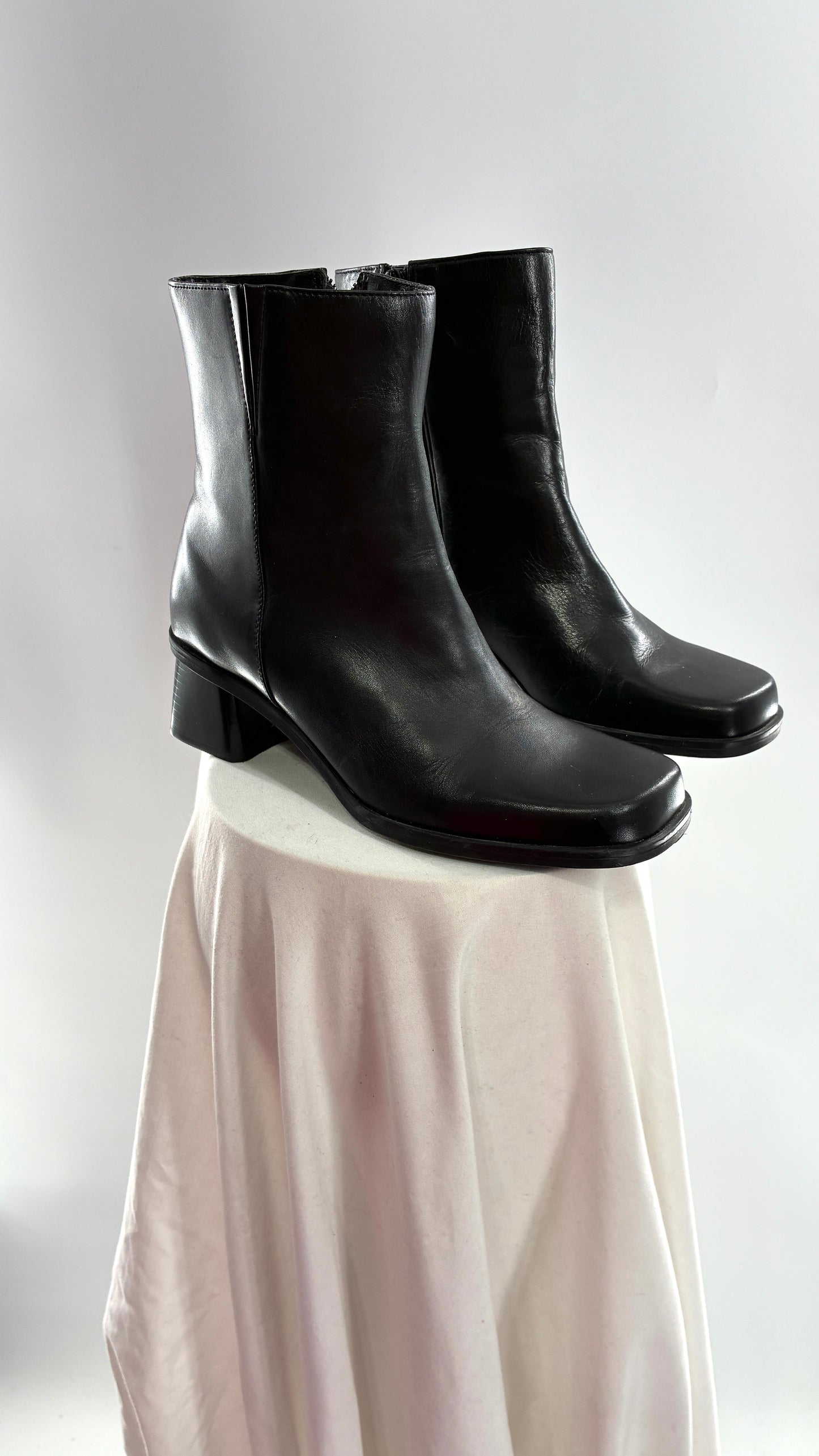 Vintage Naturalizer Black Square Toe Genuine Leather Block Heel Boots Made in Brazil (8)