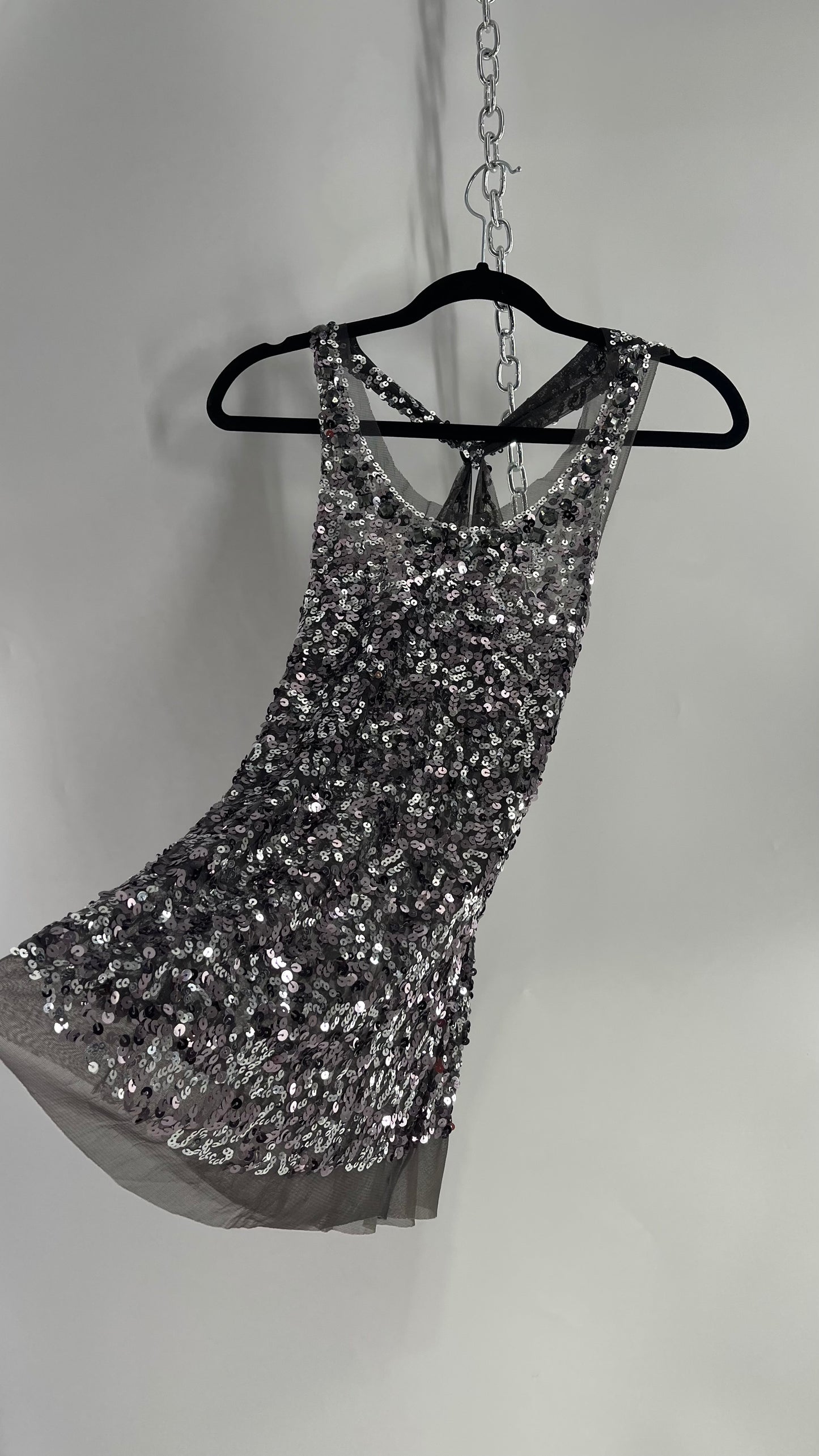 Vintage Gray Sequin Tank with Beaded Neckline (Medium)